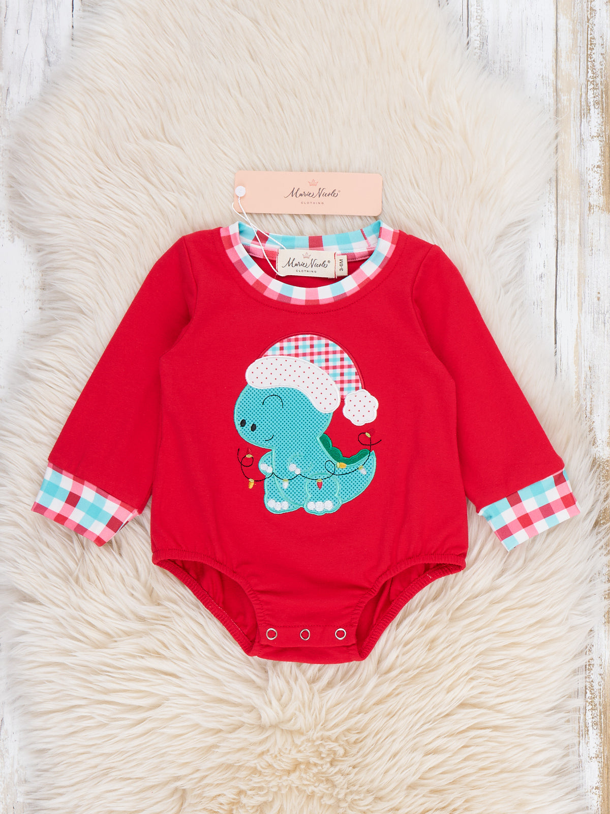 Dino Applique Cheer Christmas Plaid Romper - Marie Nicole Clothing