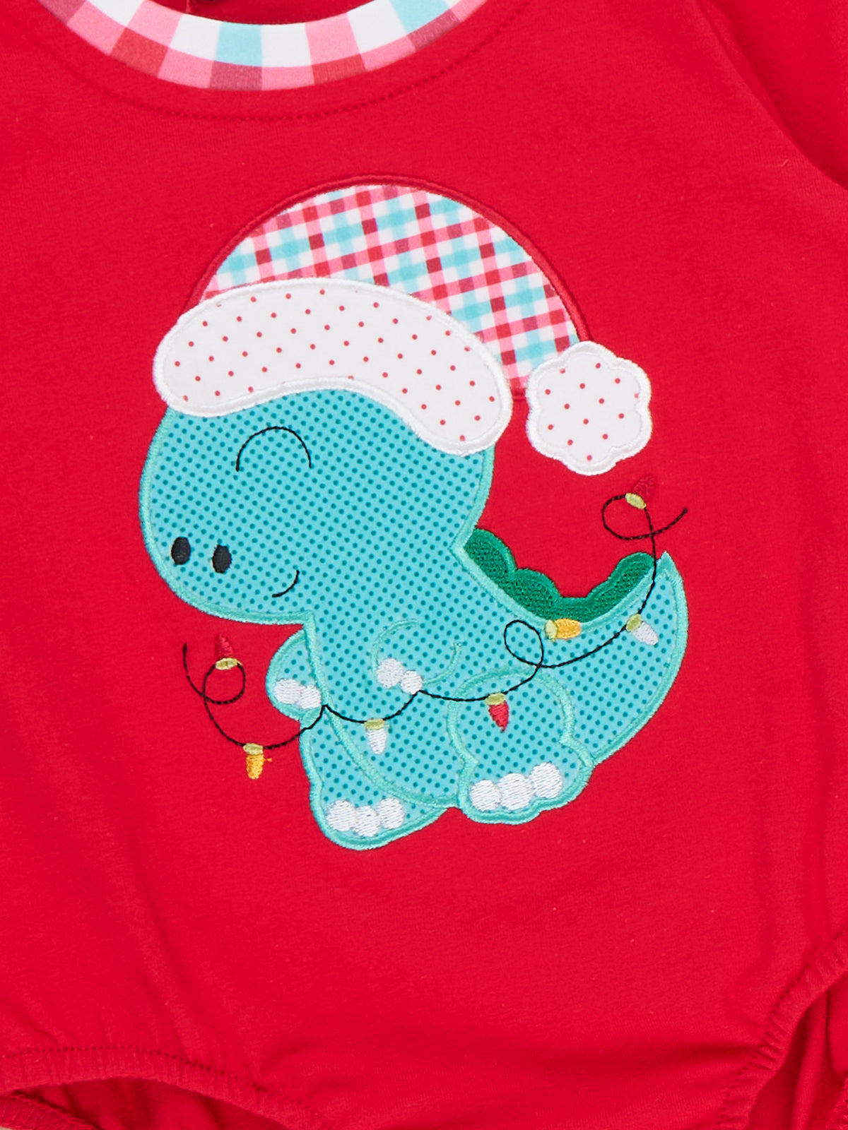 Dino Applique Cheer Christmas Plaid Romper - Marie Nicole Clothing