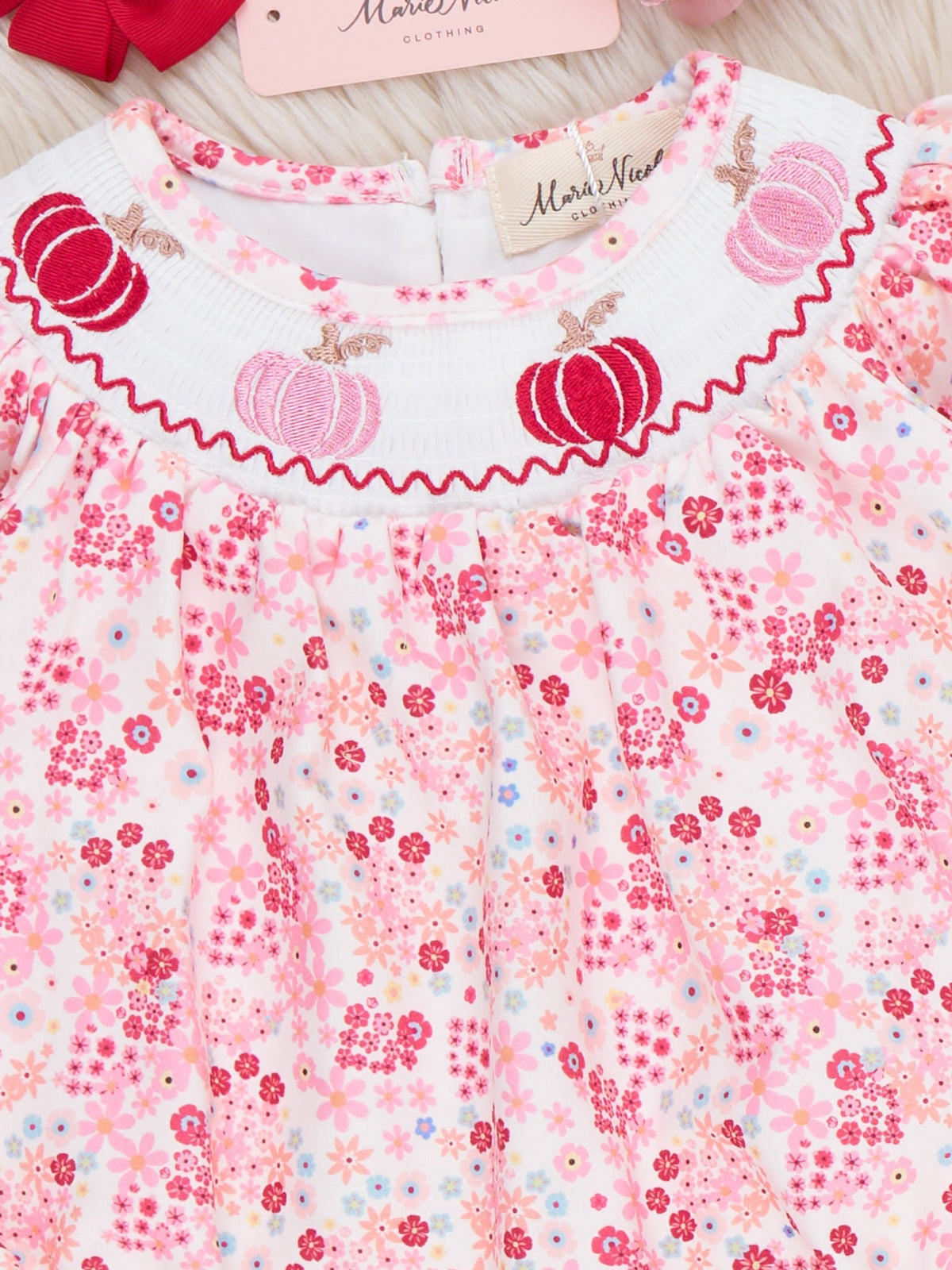 Pumpkin Days Smocked Floral Bow Bubble Romper - Marie Nicole Clothing