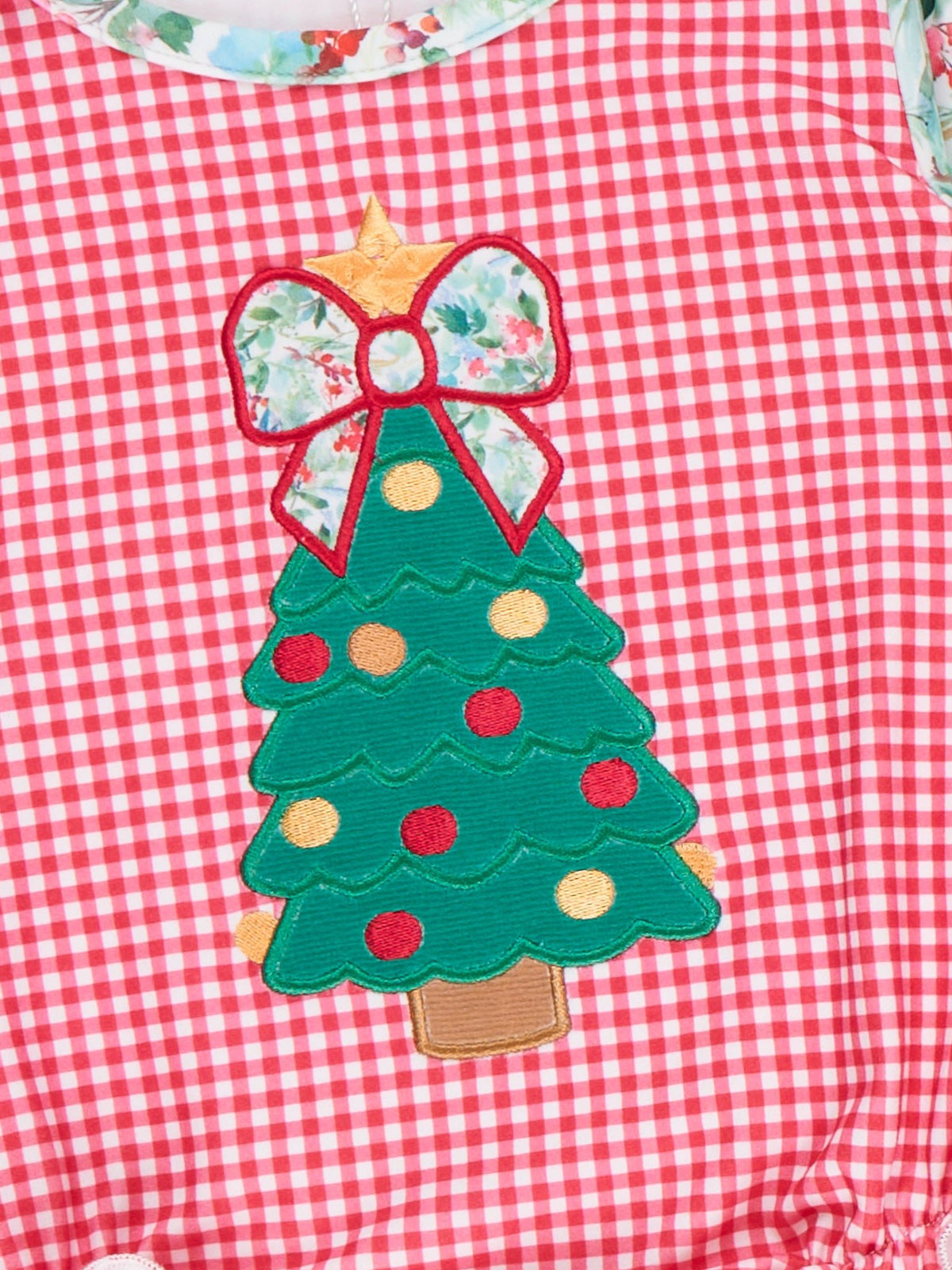 Gingham Christmas Tree Blooms Embroidered Romper - Marie Nicole Clothing