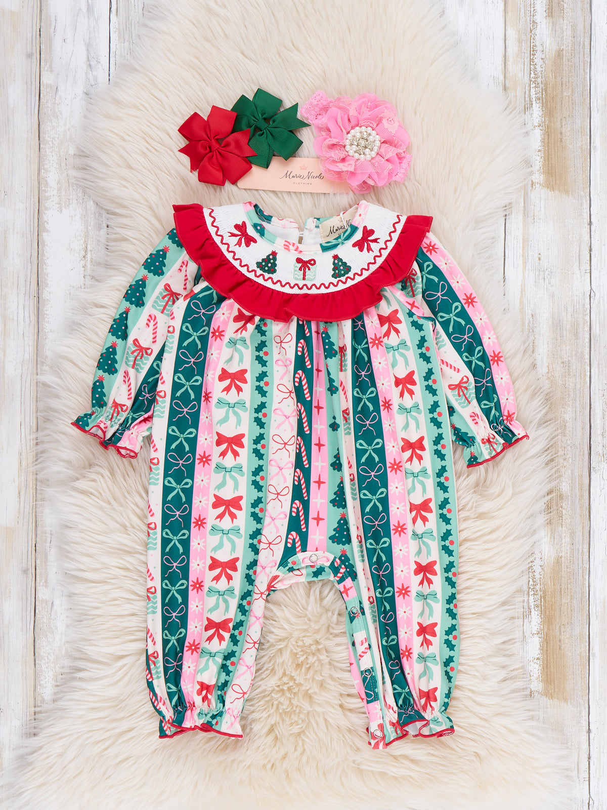 Wonderland Wishes Christmas Tree & Bow Embroidered Romper - Marie Nicole Clothing