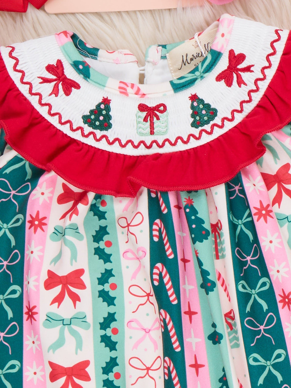 Wonderland Wishes Christmas Tree & Bow Embroidered Romper - Marie Nicole Clothing