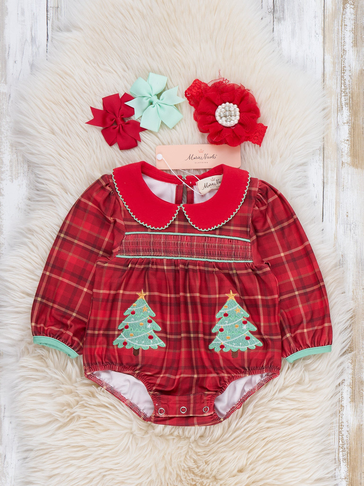 Tinsel Tree Smocked Plaid Bubble Romper - Marie Nicole Clothing