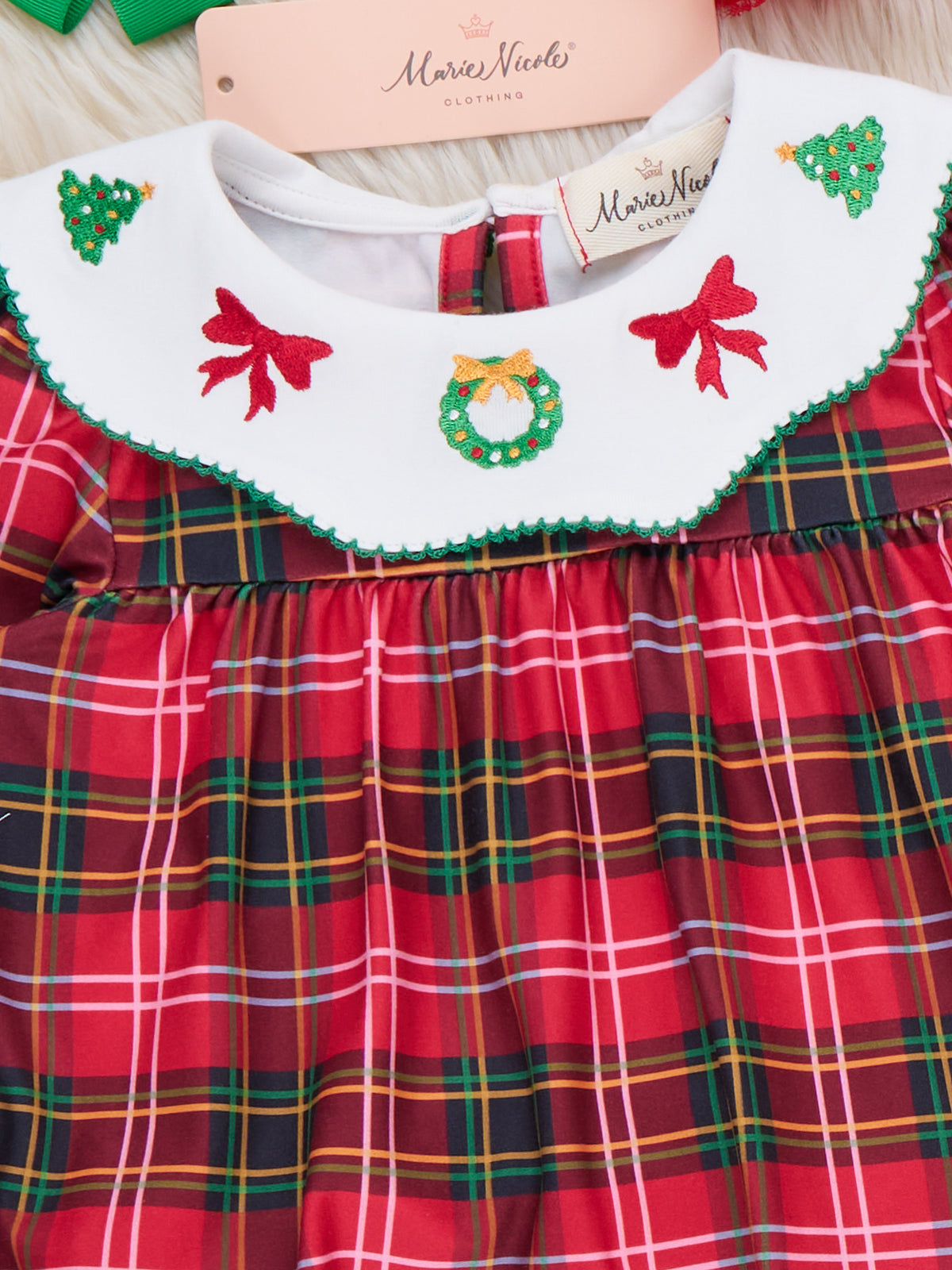 Carol Wreath Embroidered Plaid Bloomer Outfit - Marie Nicole Clothing