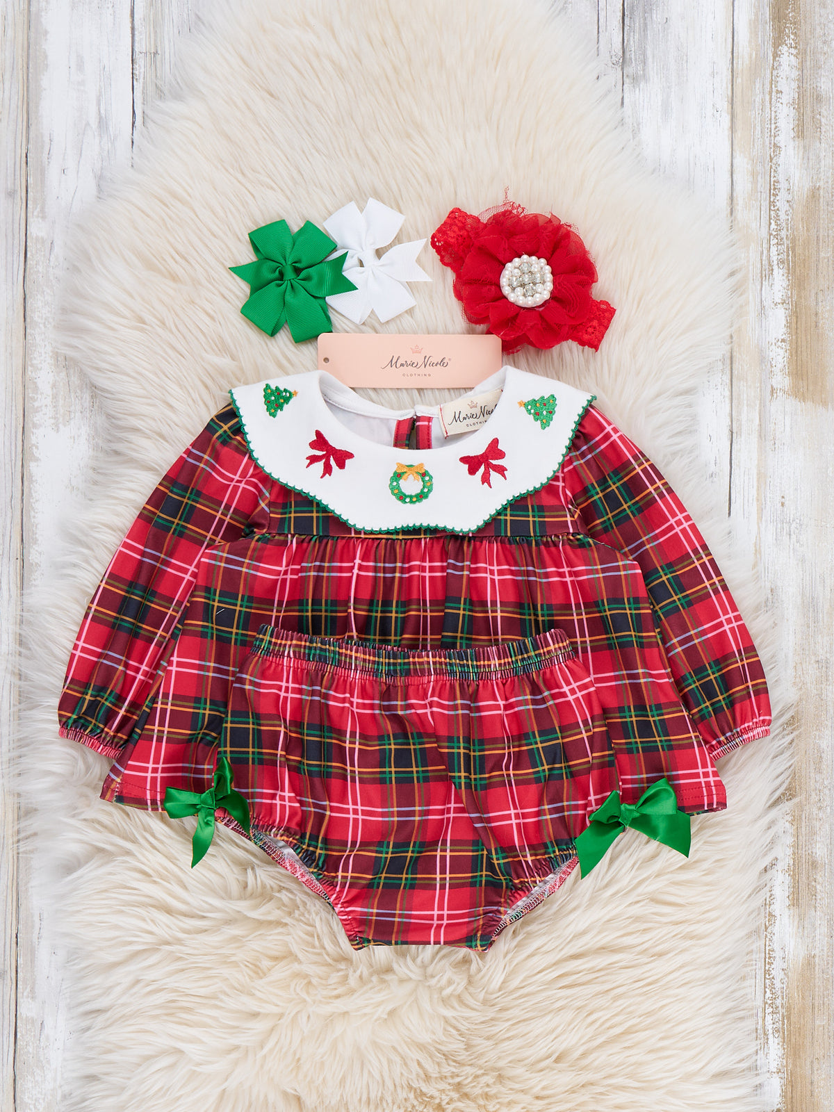 Carol Wreath Embroidered Plaid Bloomer Outfit - Marie Nicole Clothing