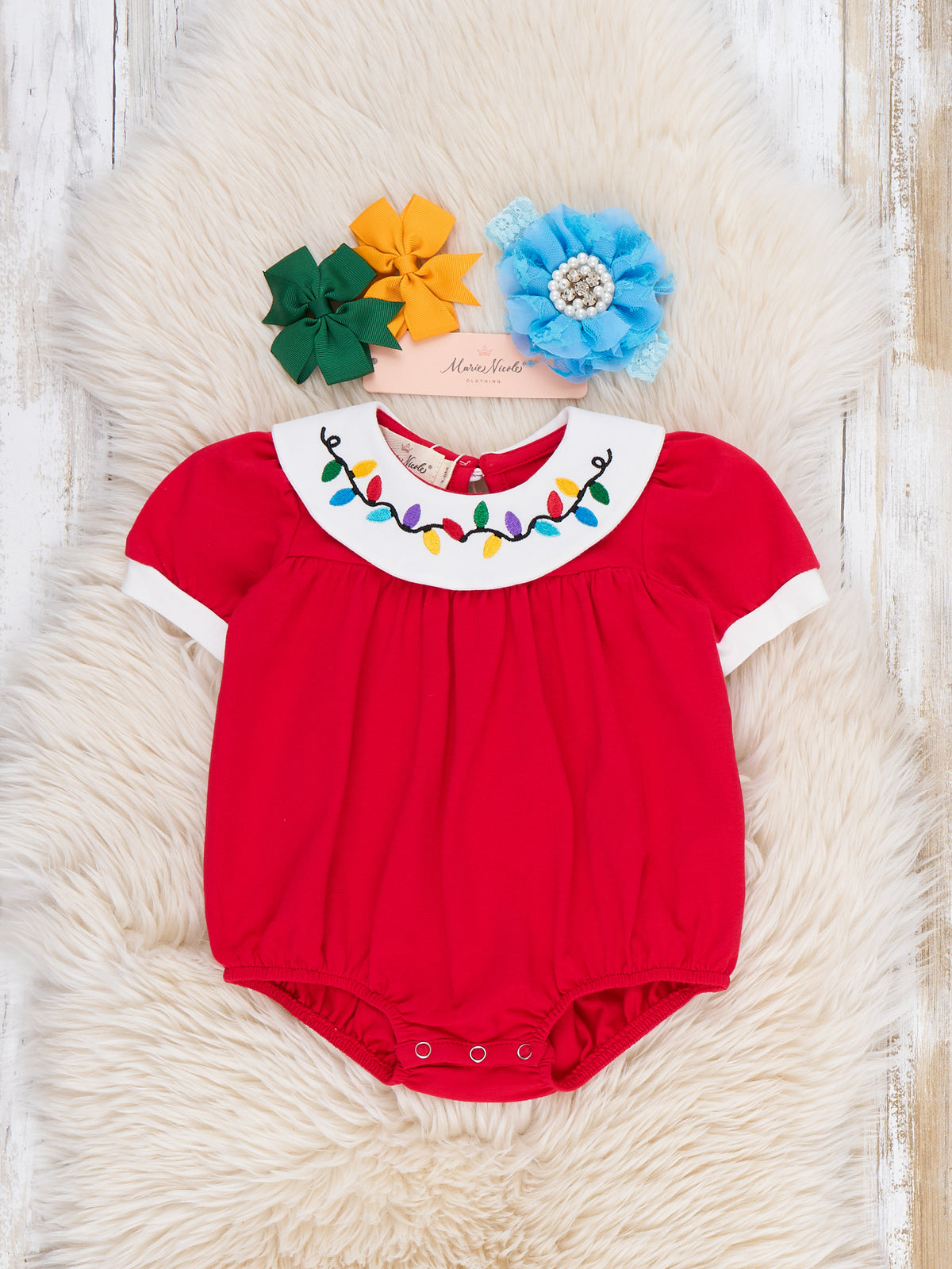 Twinkle Lights Christmas Bulb Embroidered Collar Bubble Romper - Marie Nicole Clothing