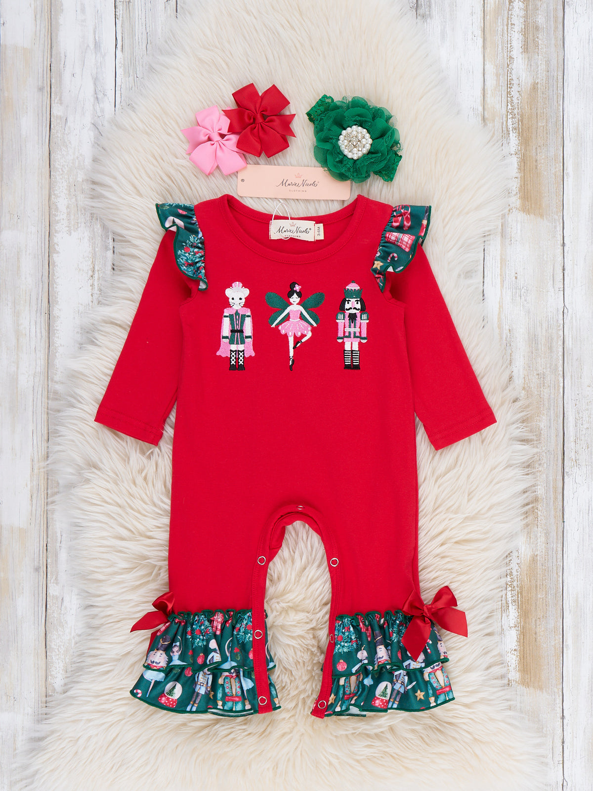 Nutcracker Noel Embroidered Ruffle Romper - Marie Nicole Clothing