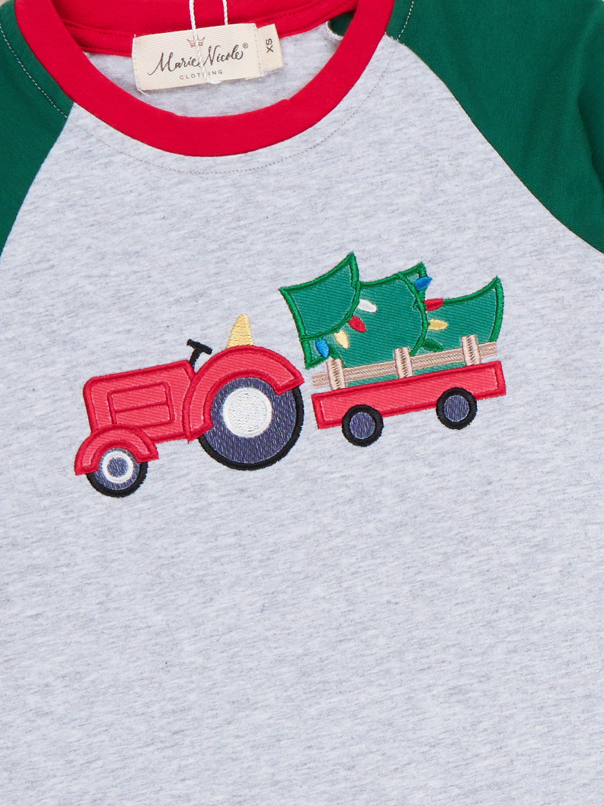 Christmas Tree Tractor Applique Raglan T-Shirt - Marie Nicole Clothing