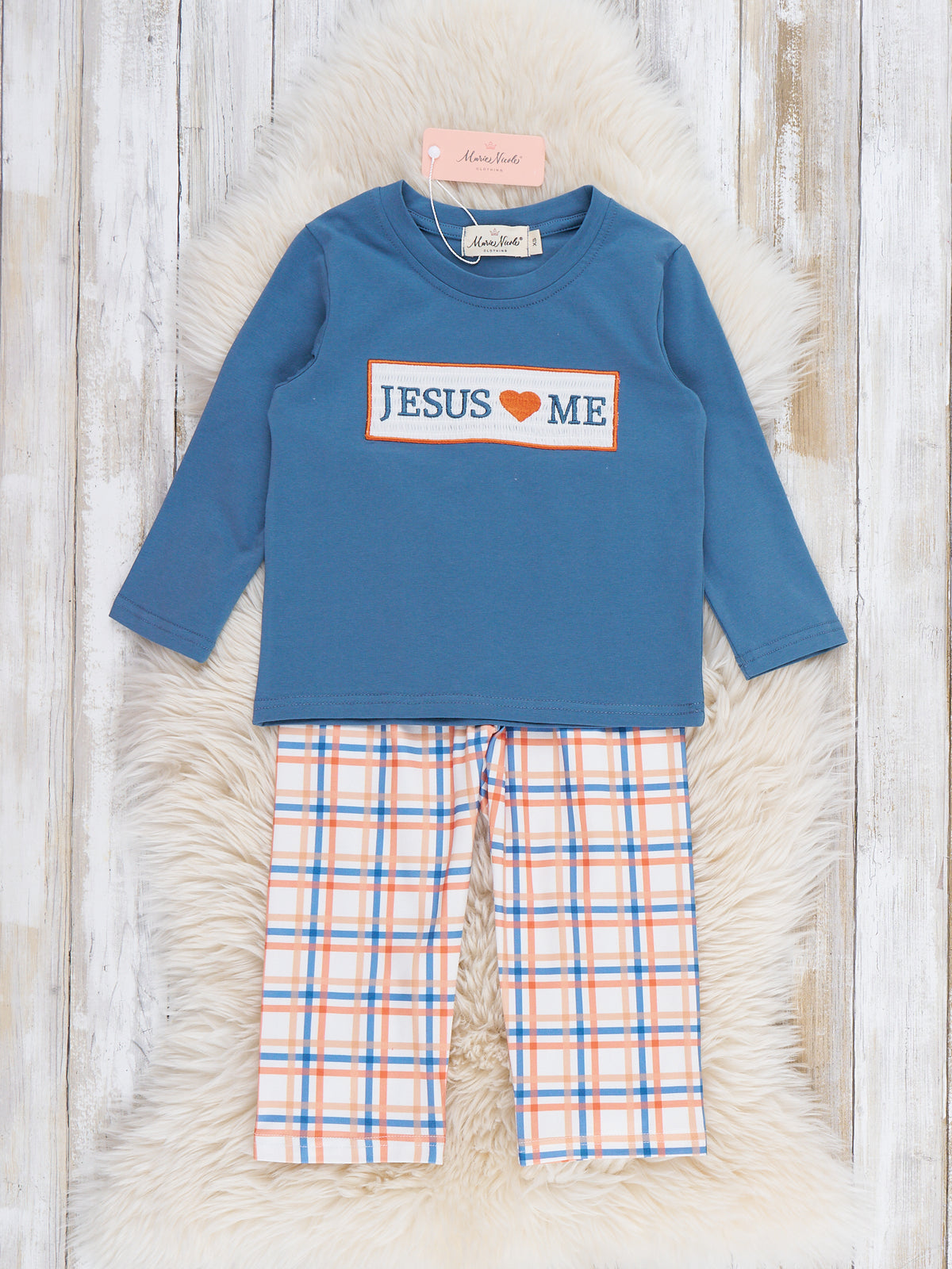 Graceful Plaid "Jesus Loves Me" Outfit - Marie Nicole Clothing