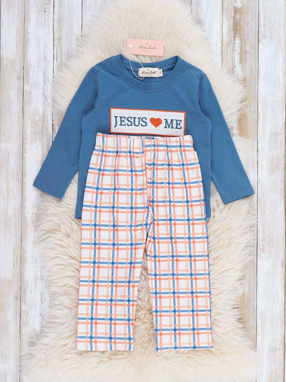 Graceful Plaid "Jesus Loves Me" Outfit - Marie Nicole Clothing