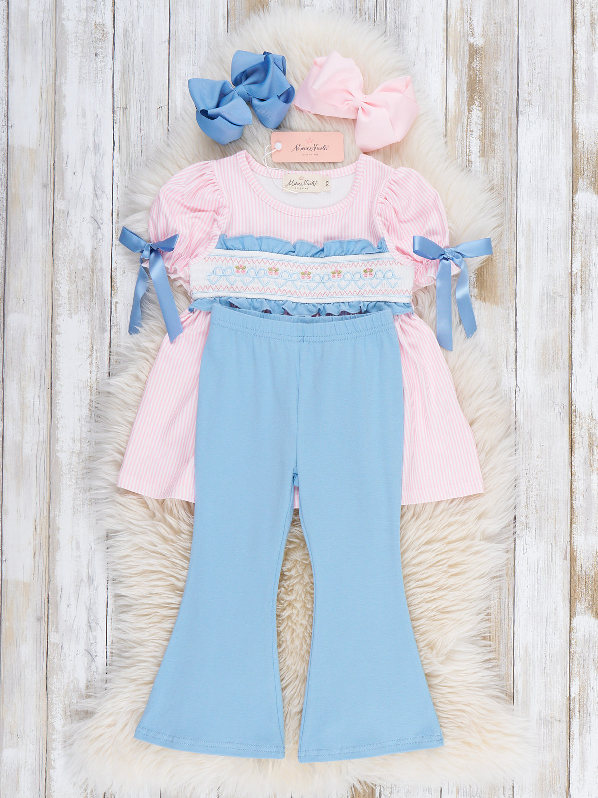 Dainty Bow Smocked Bell Bottom Outfit - Marie Nicole Clothing