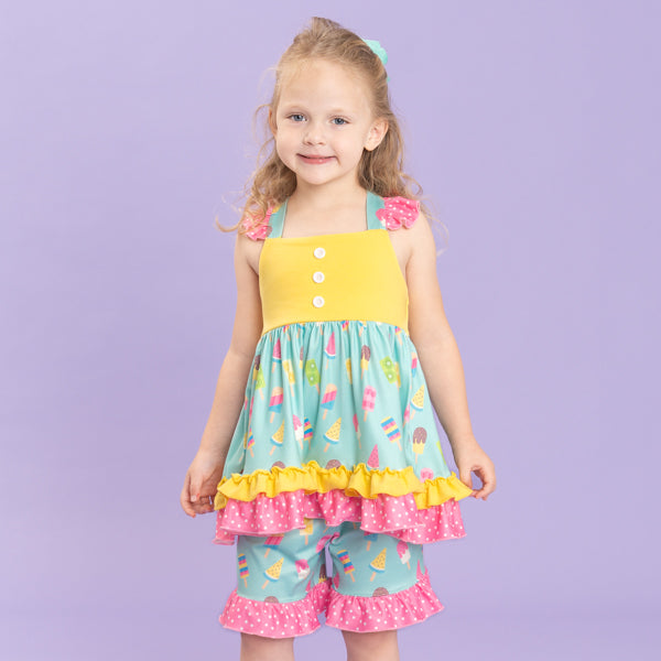 young girl wears ice cream matching set