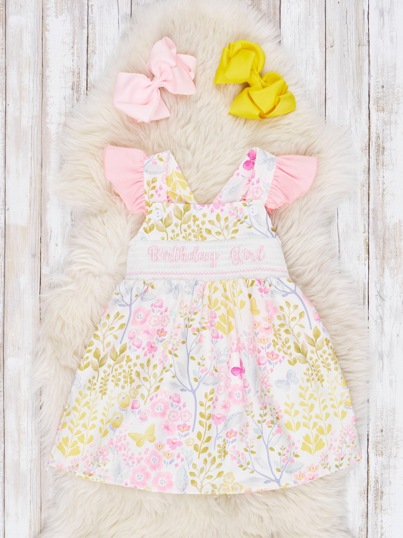 Smocked "Birthday Girl" Floral Ruffle Dress - Marie Nicole Clothing