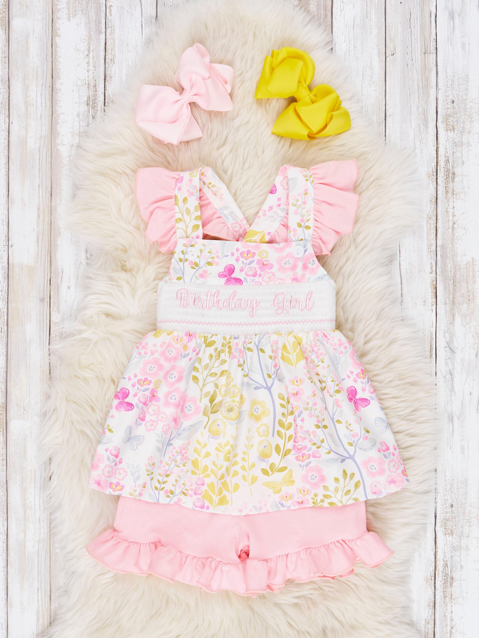 Smocked "Birthday Girl" Floral Ruffle Outfit - Marie Nicole Clothing