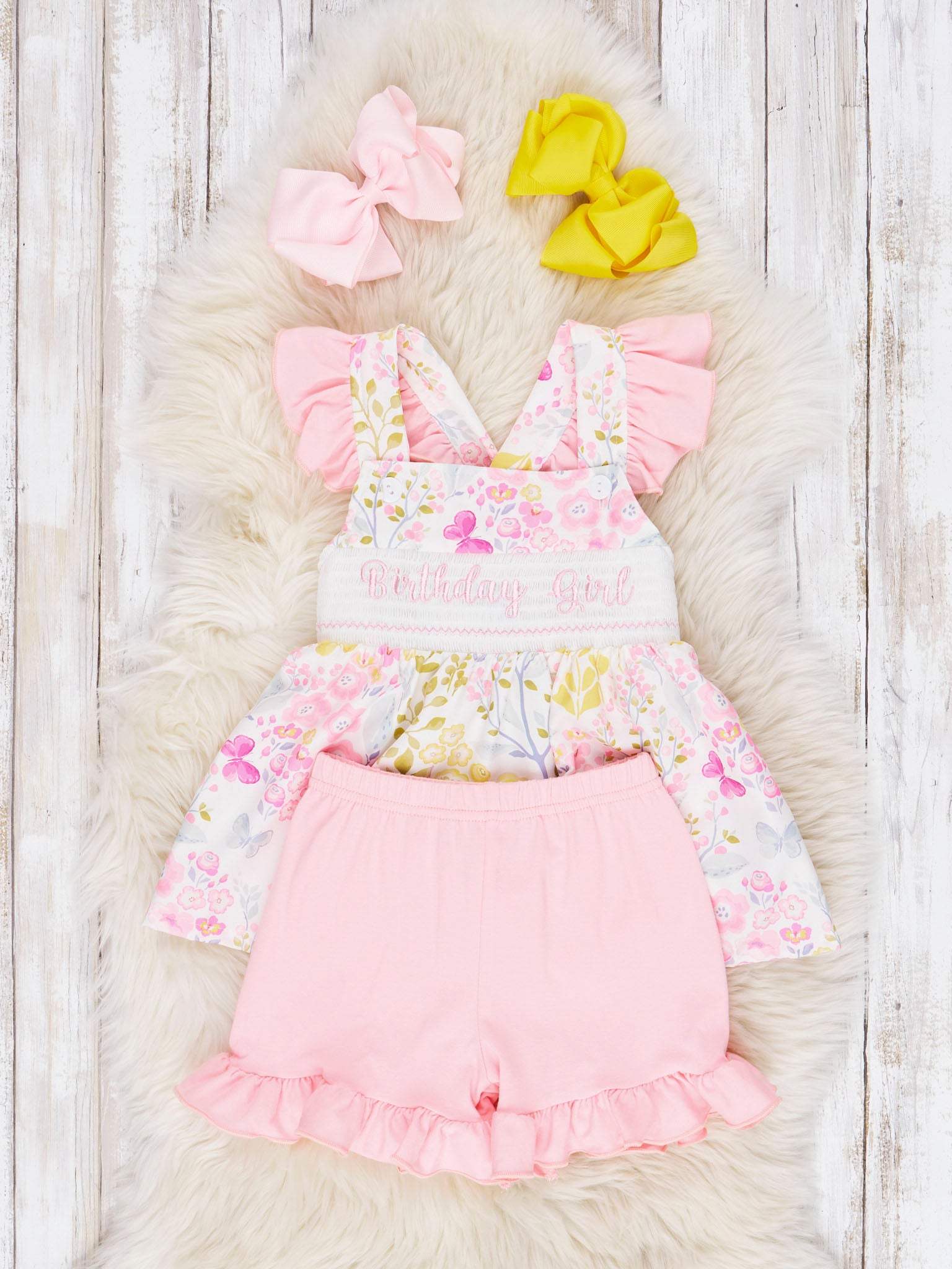 Smocked "Birthday Girl" Floral Ruffle Outfit - Marie Nicole Clothing