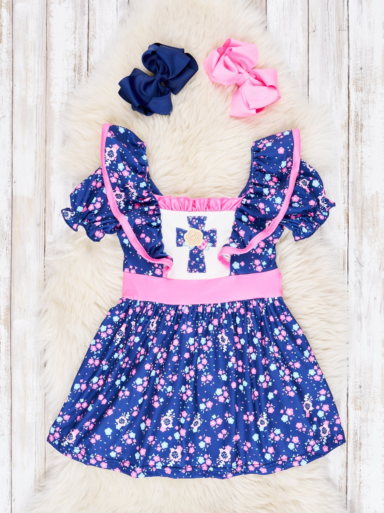 Navy Floral Cross Ruffle Dress - Marie Nicole Clothing