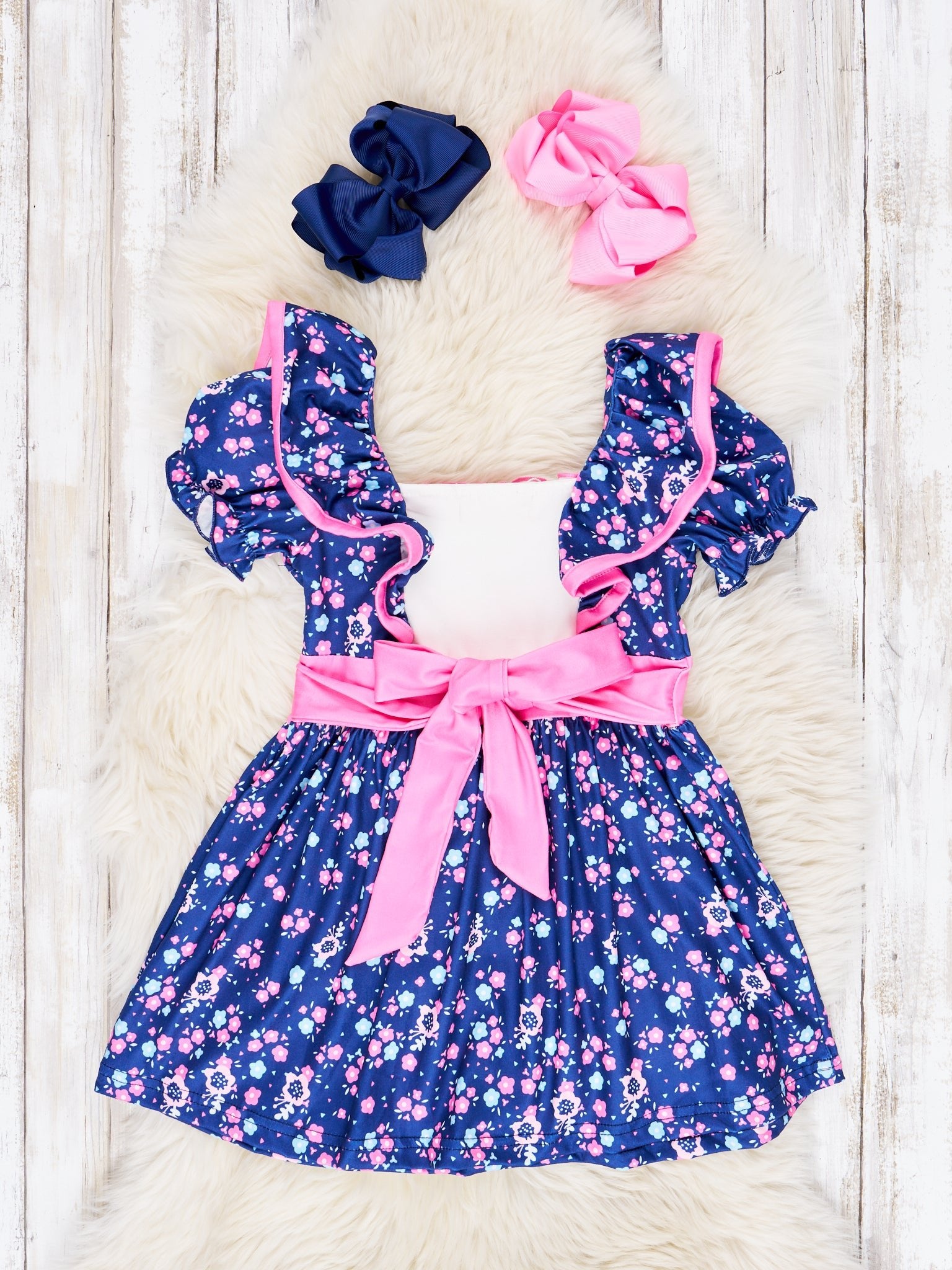 Navy Floral Cross Ruffle Dress - Marie Nicole Clothing