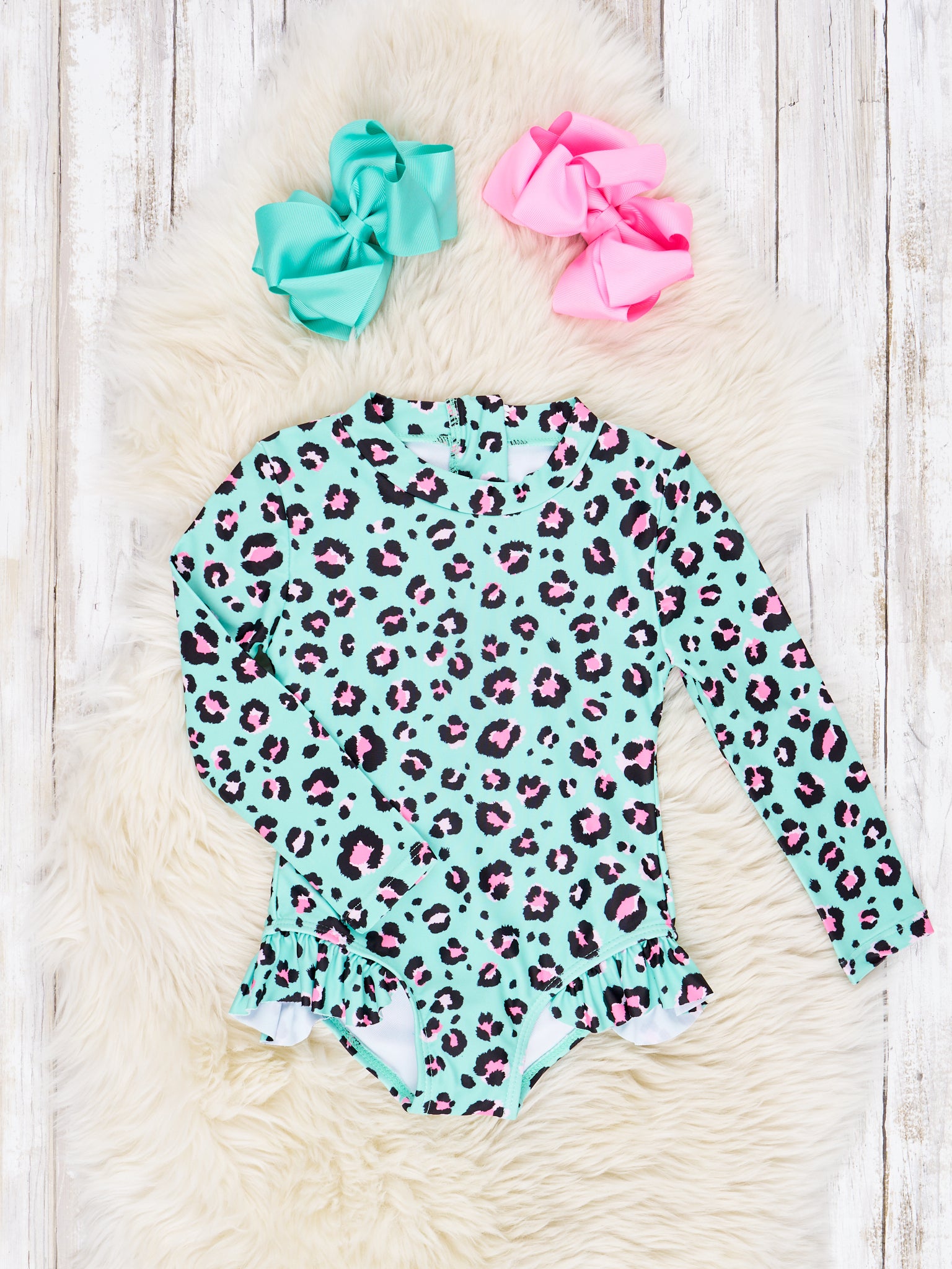 Mint Leopard Ruffle Rash Guard Swimsuit - Marie Nicole Clothing