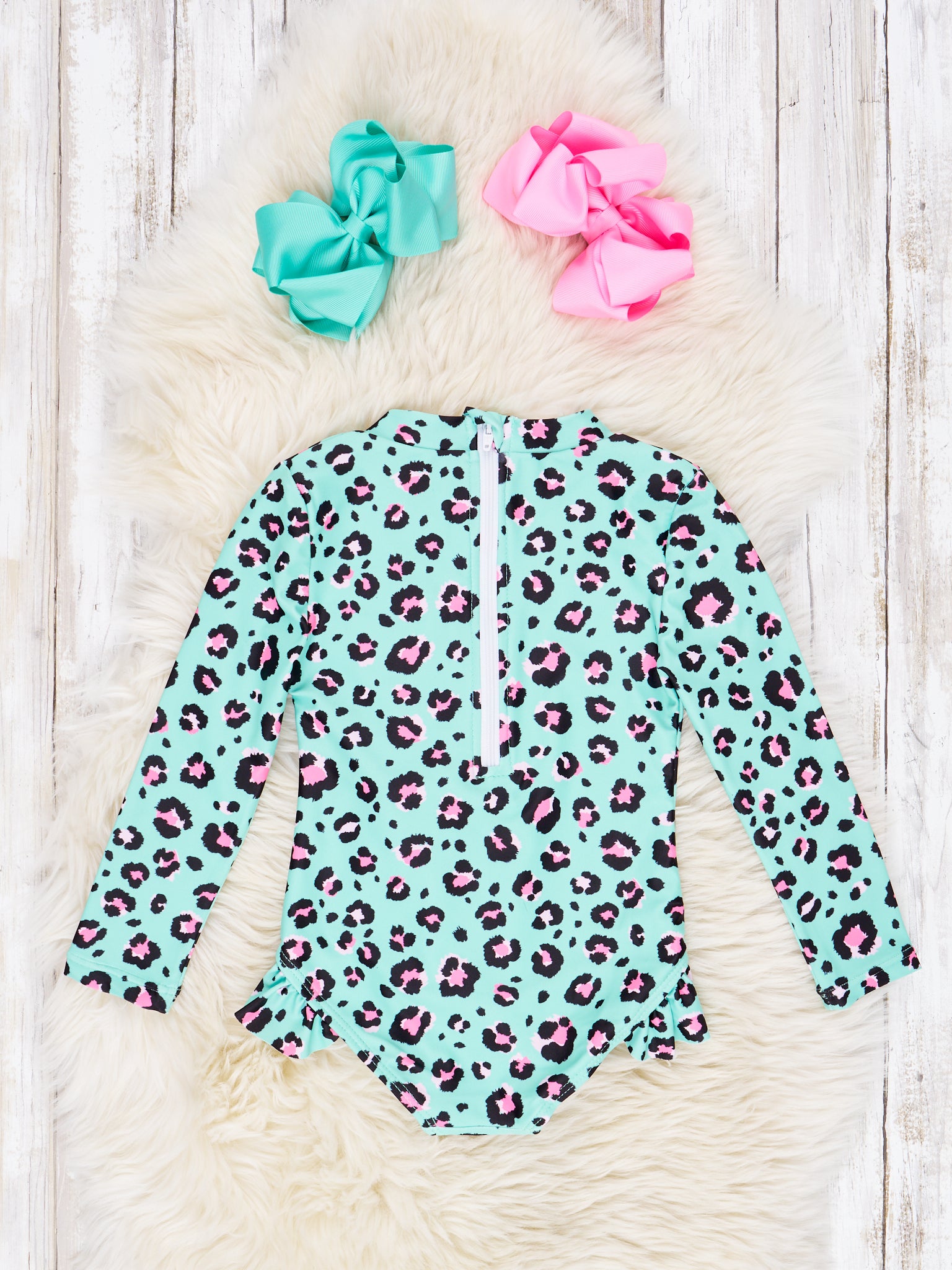 Mint Leopard Ruffle Rash Guard Swimsuit - Marie Nicole Clothing