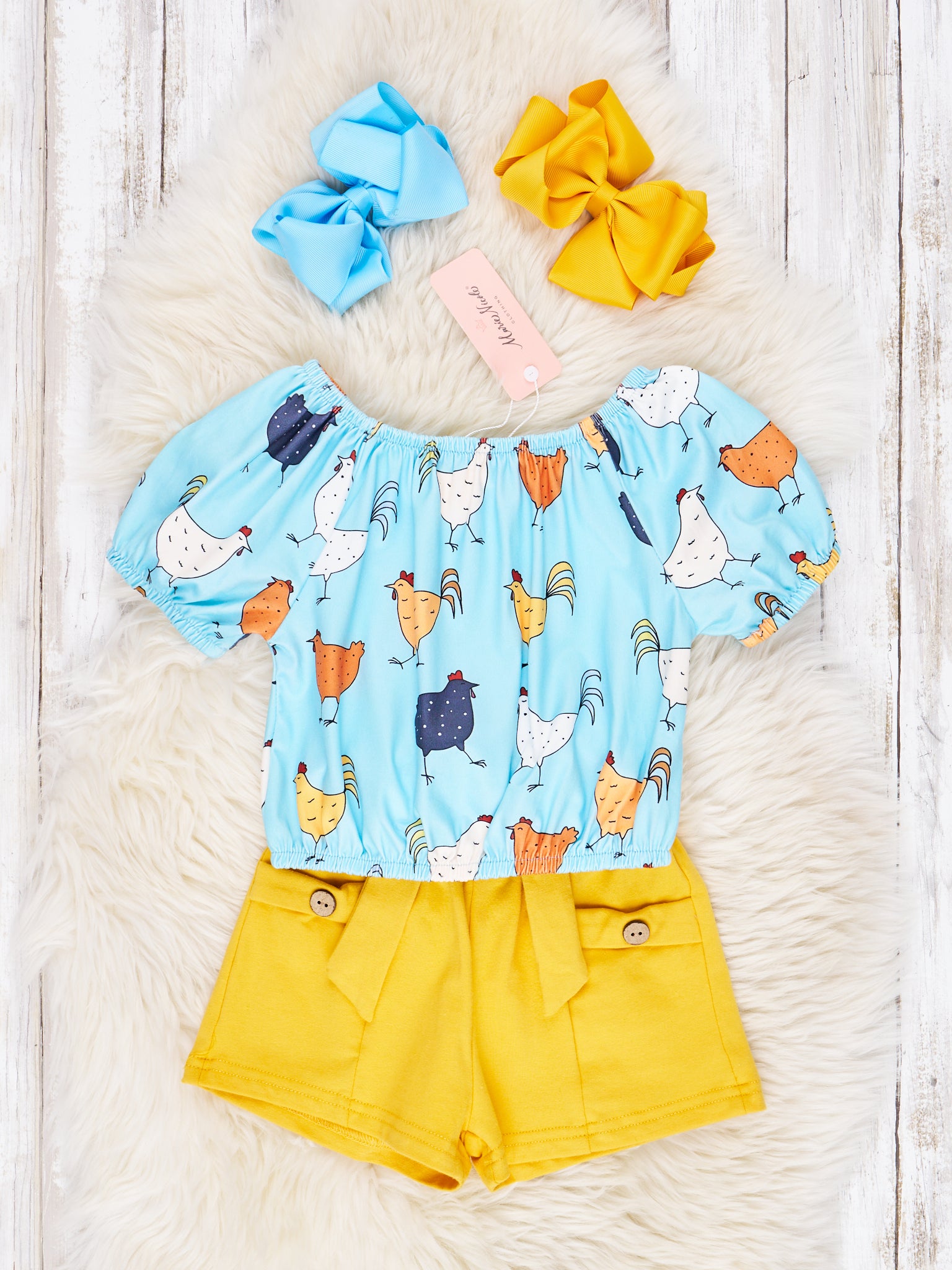Blue Chicken Top & Yellow Shorts Outfit - Marie Nicole Clothing