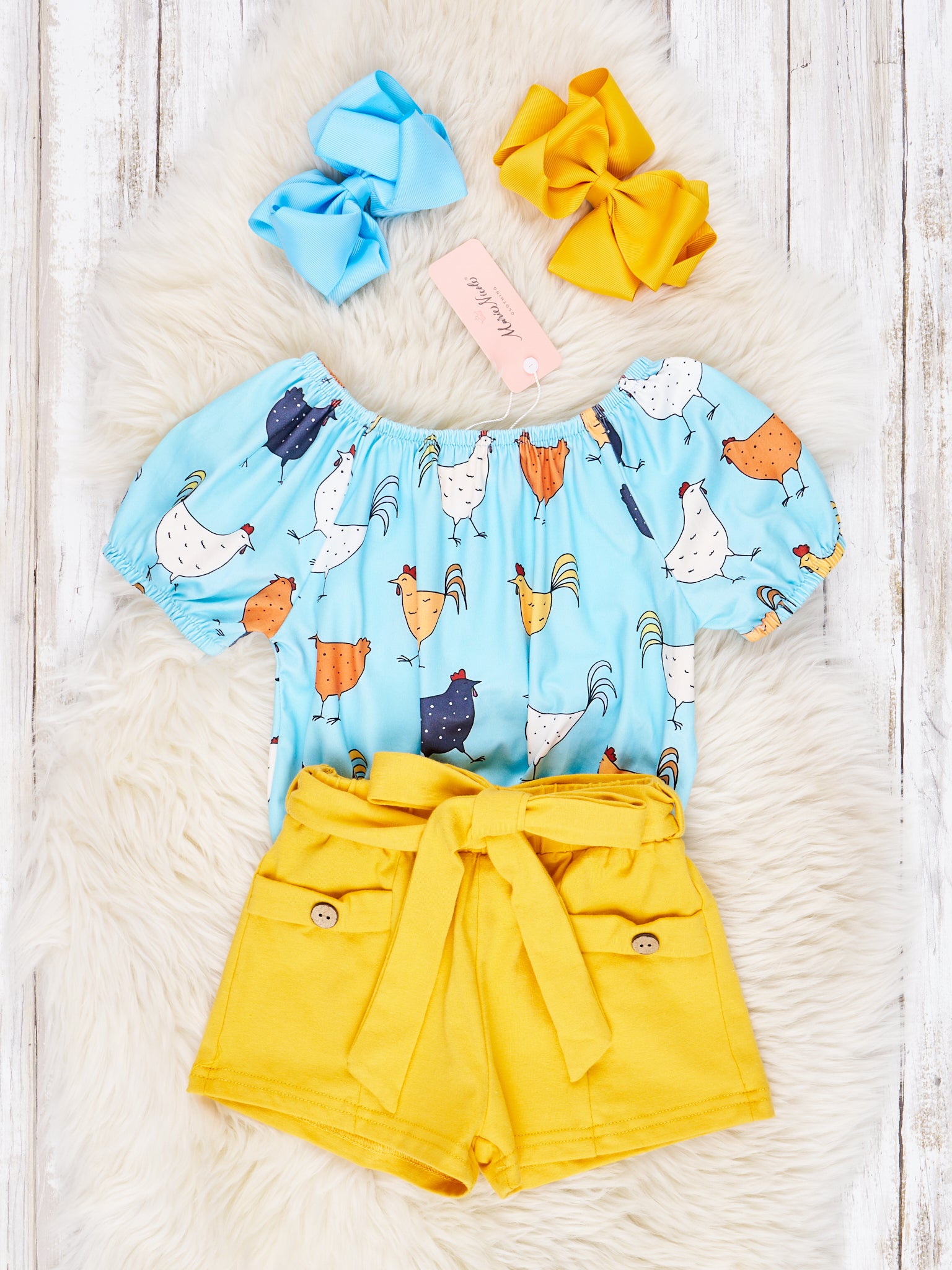 Blue Chicken Top & Yellow Shorts Outfit - Marie Nicole Clothing