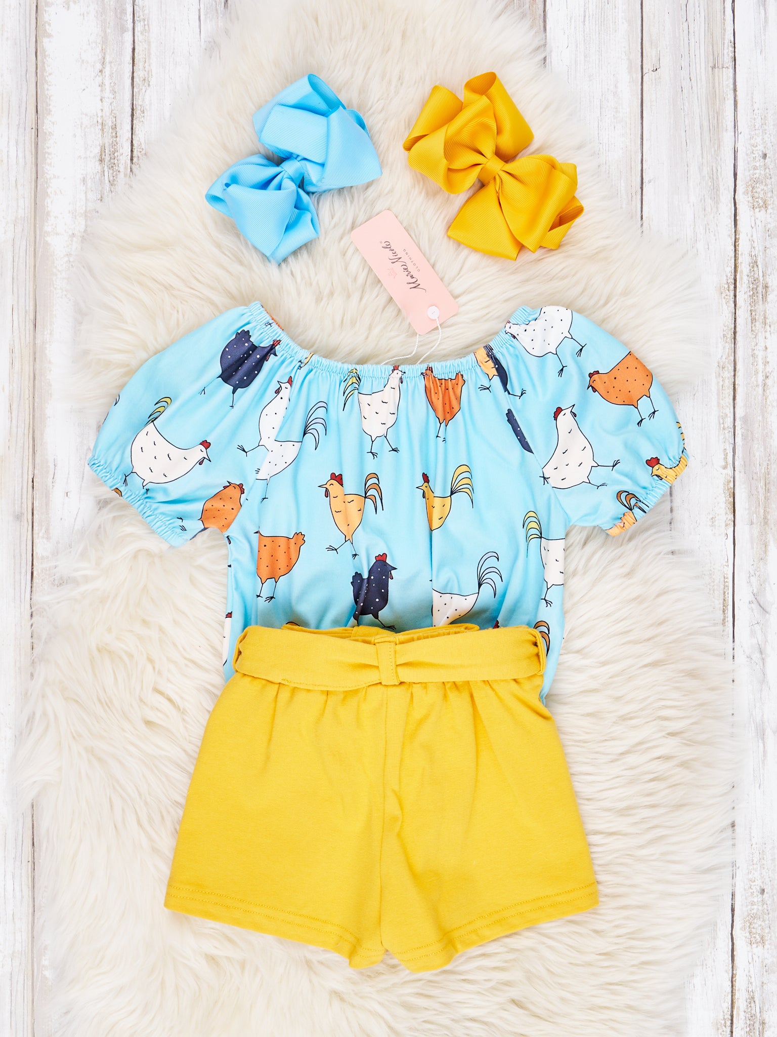 Blue Chicken Top & Yellow Shorts Outfit - Marie Nicole Clothing
