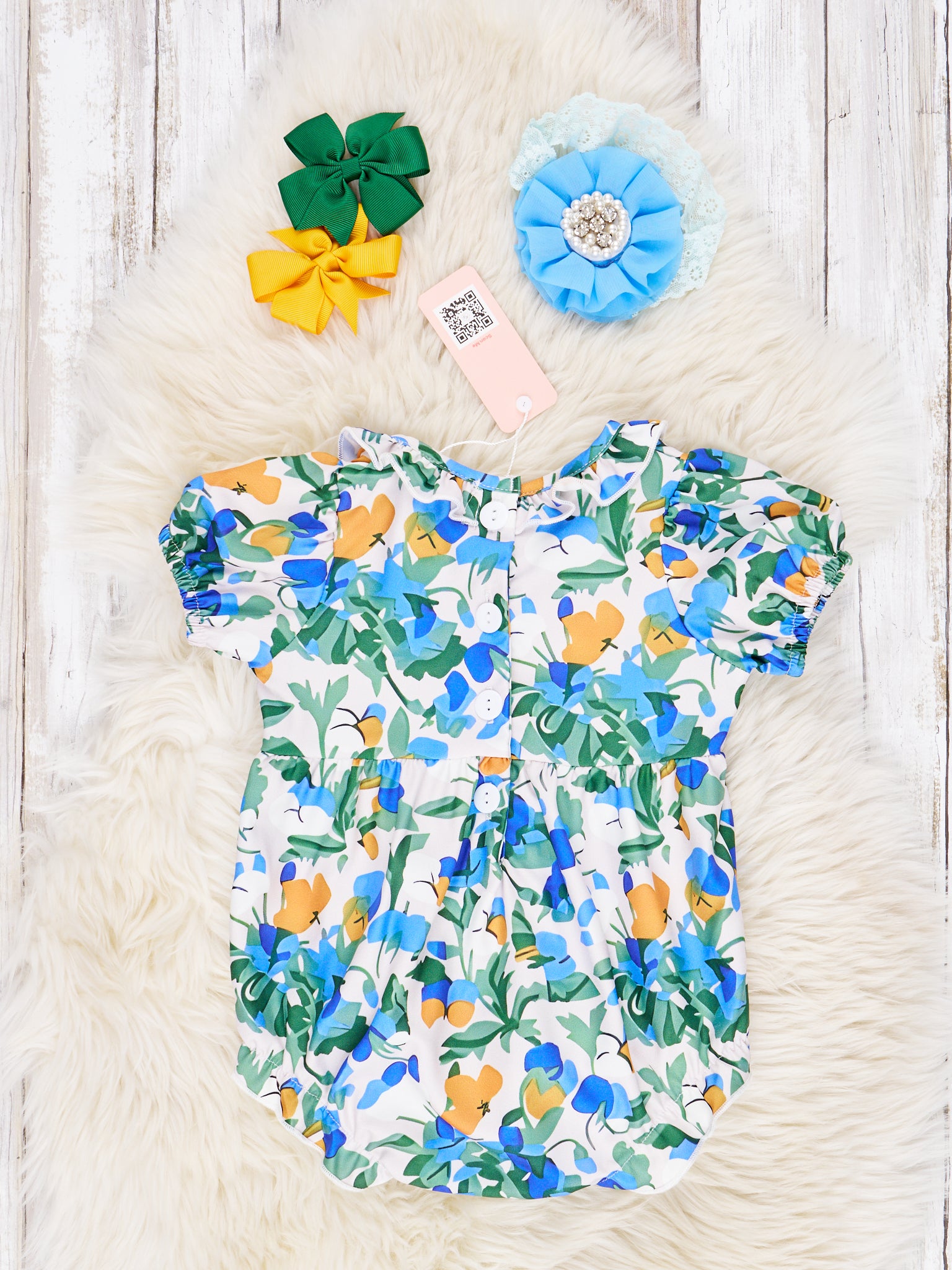 Smocked Royal Blue Floral Ruffle Romper - Marie Nicole Clothing
