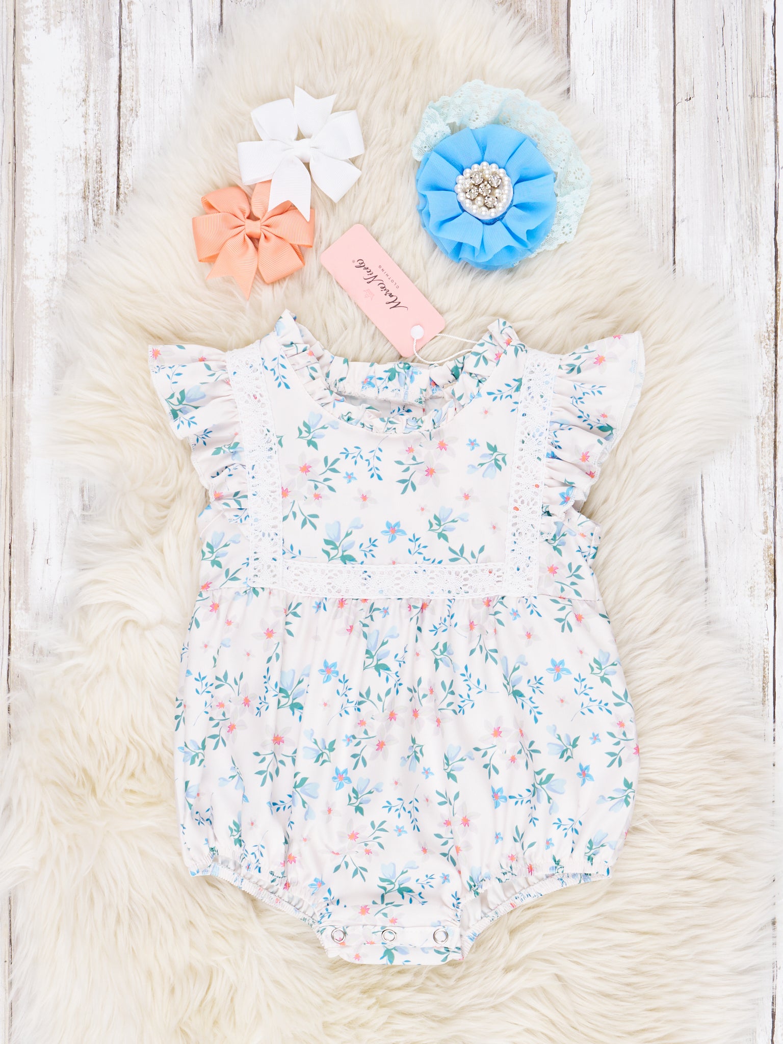 Cream Floral Ruffle Lace Romper - Marie Nicole Clothing