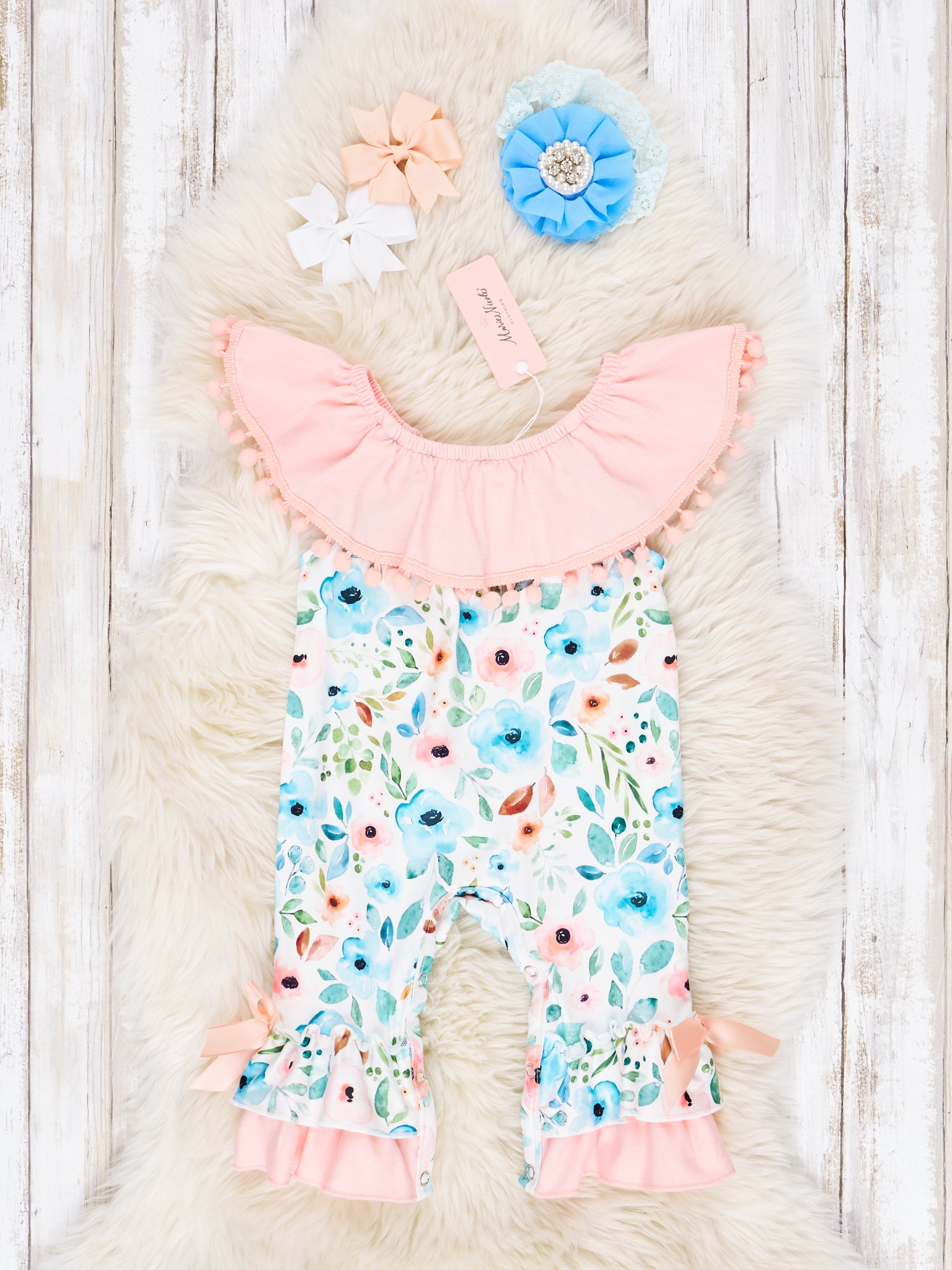 Peach & Blue Anemone Ruffle Romper - Marie Nicole Clothing