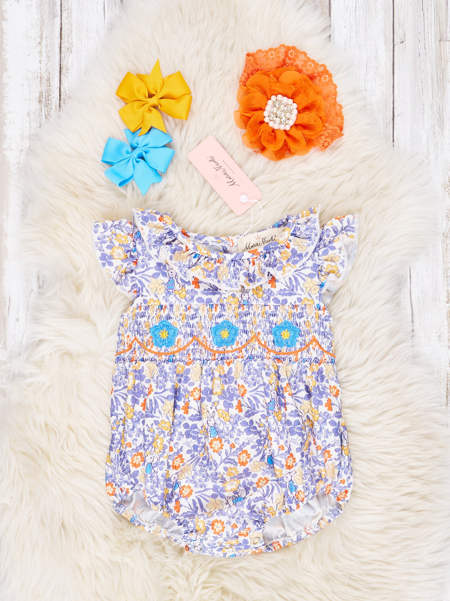 Smocked Yellow Floral Tie Ruffle Romper - Marie Nicole Clothing