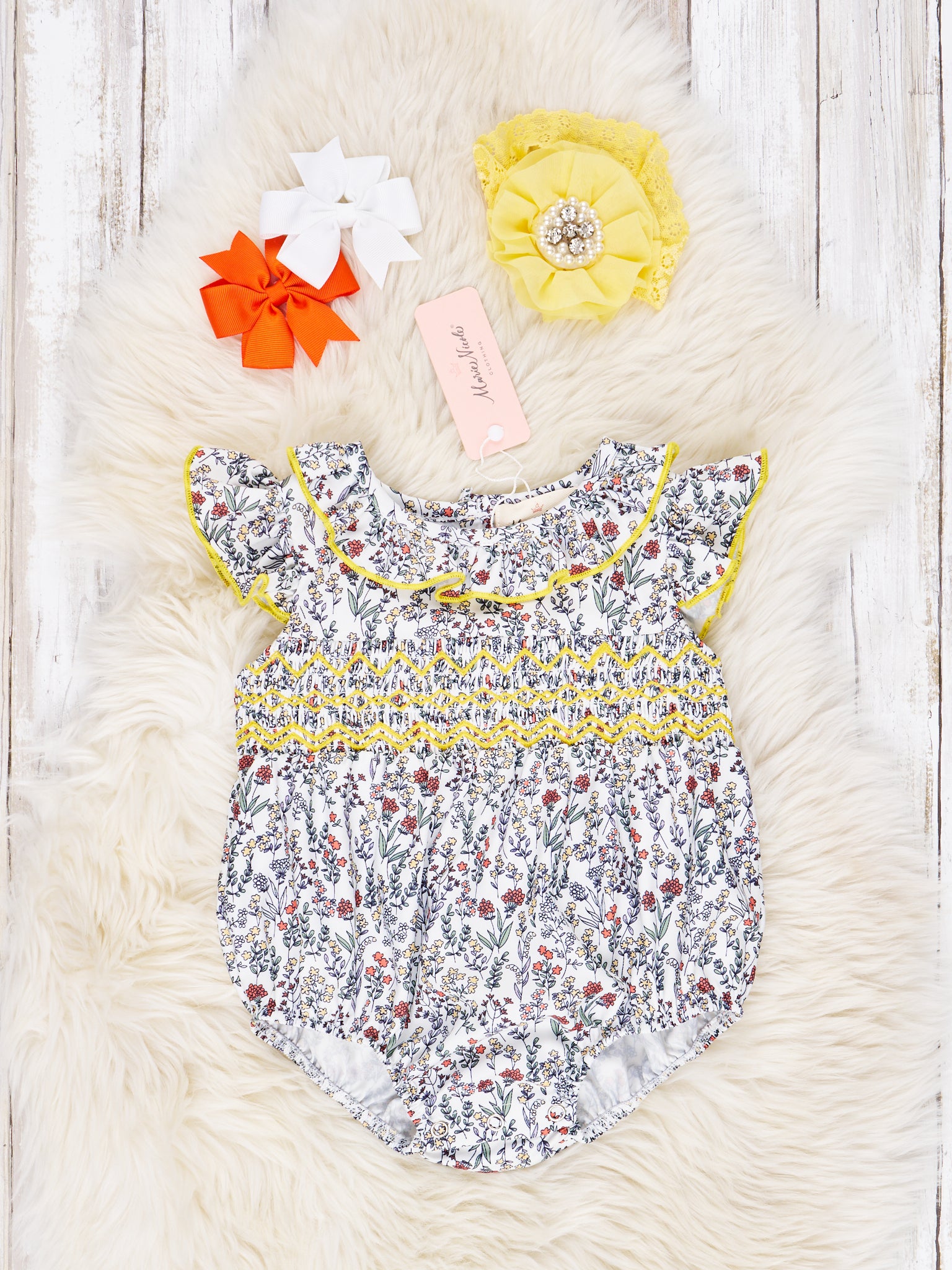 Smocked Ditsy Floral Ruffle Romper - Marie Nicole Clothing