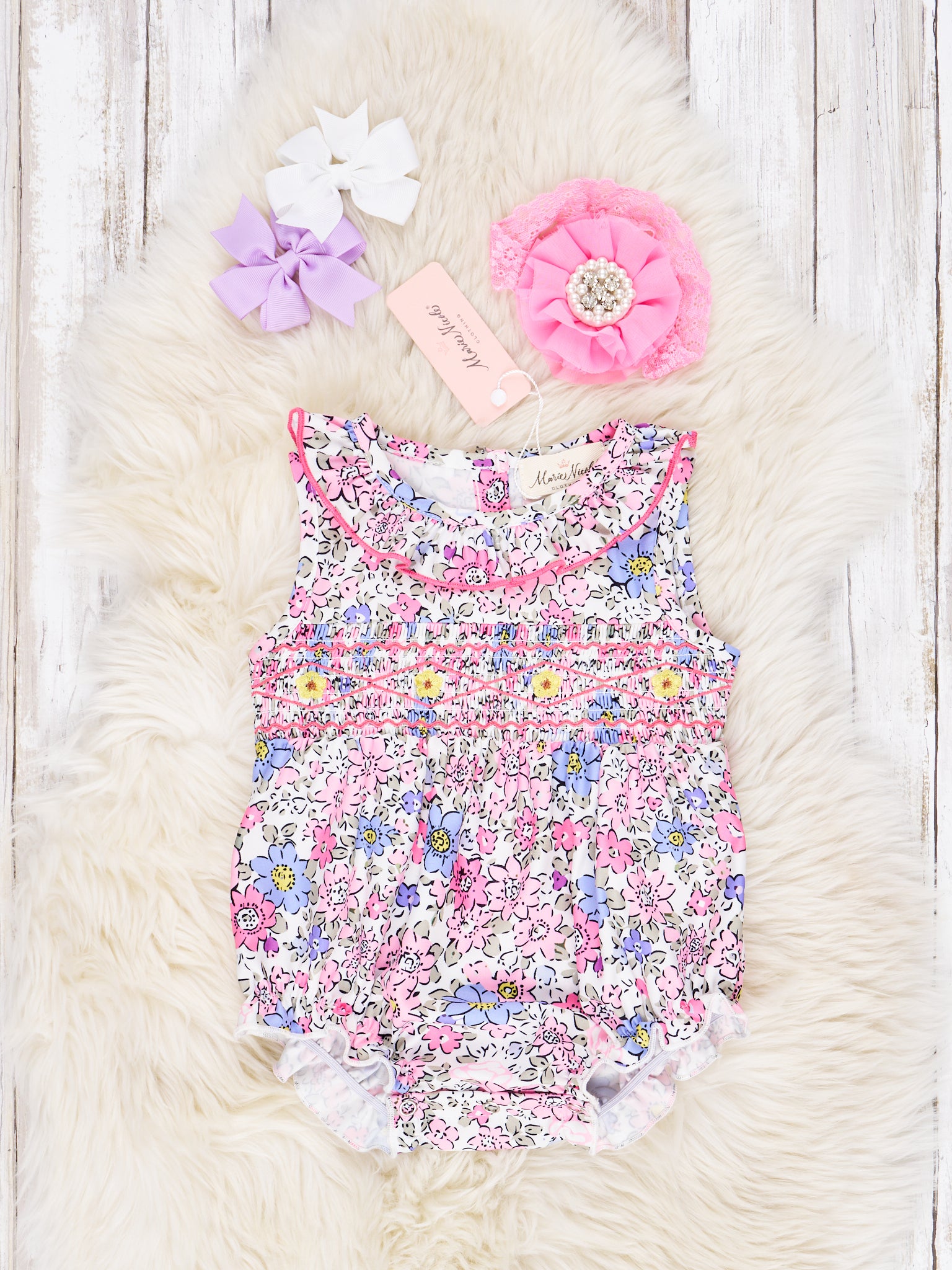 Smocked Pink Floral Ruffle Tank Romper - Marie Nicole Clothing