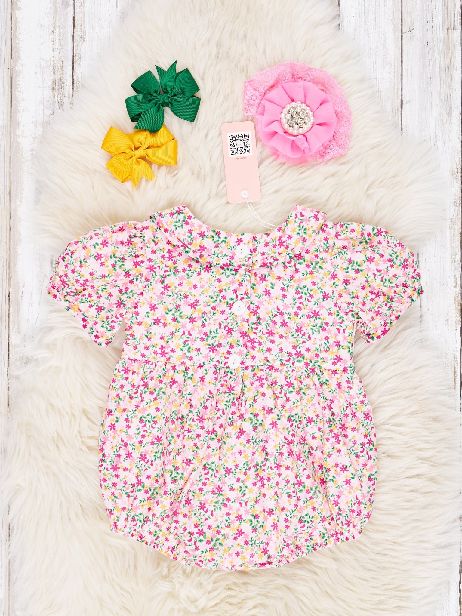 Pink Floral Smocked "Sister" Vintage Romper - Marie Nicole Clothing