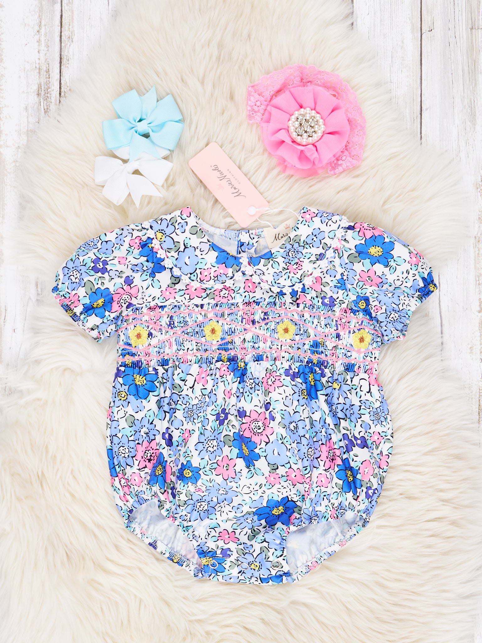 Smocked Navy Floral Vintage Romper - Marie Nicole Clothing