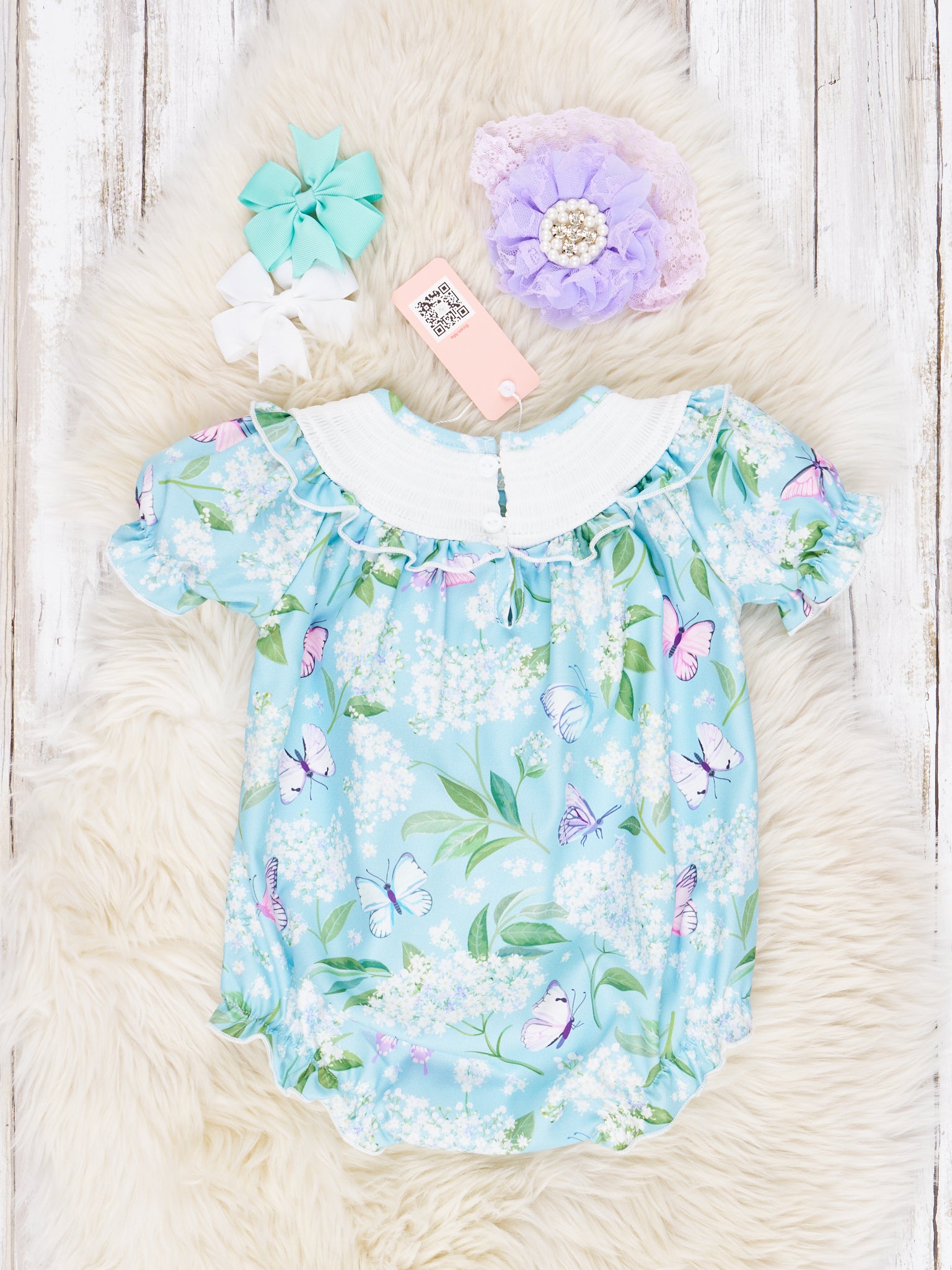 Smocked Blue Butterfly Romper - Marie Nicole Clothing