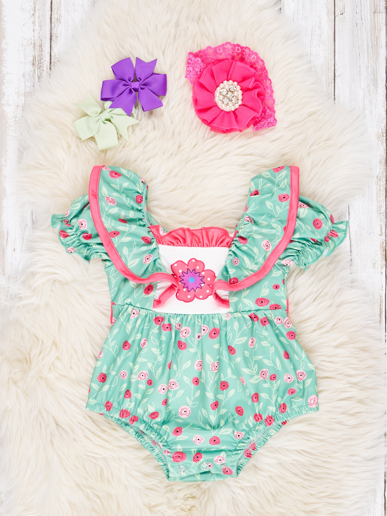 Seafoam Floral Ruffle Romper - Marie Nicole Clothing