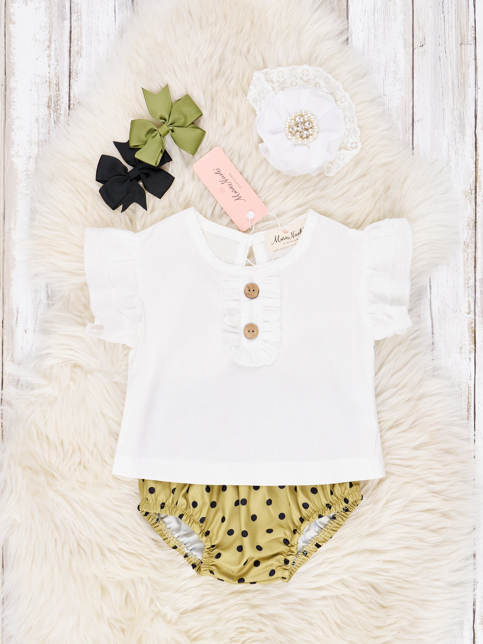 White Ruffle Top & Green Polka Dot Bloomers Outfit - Marie Nicole Clothing
