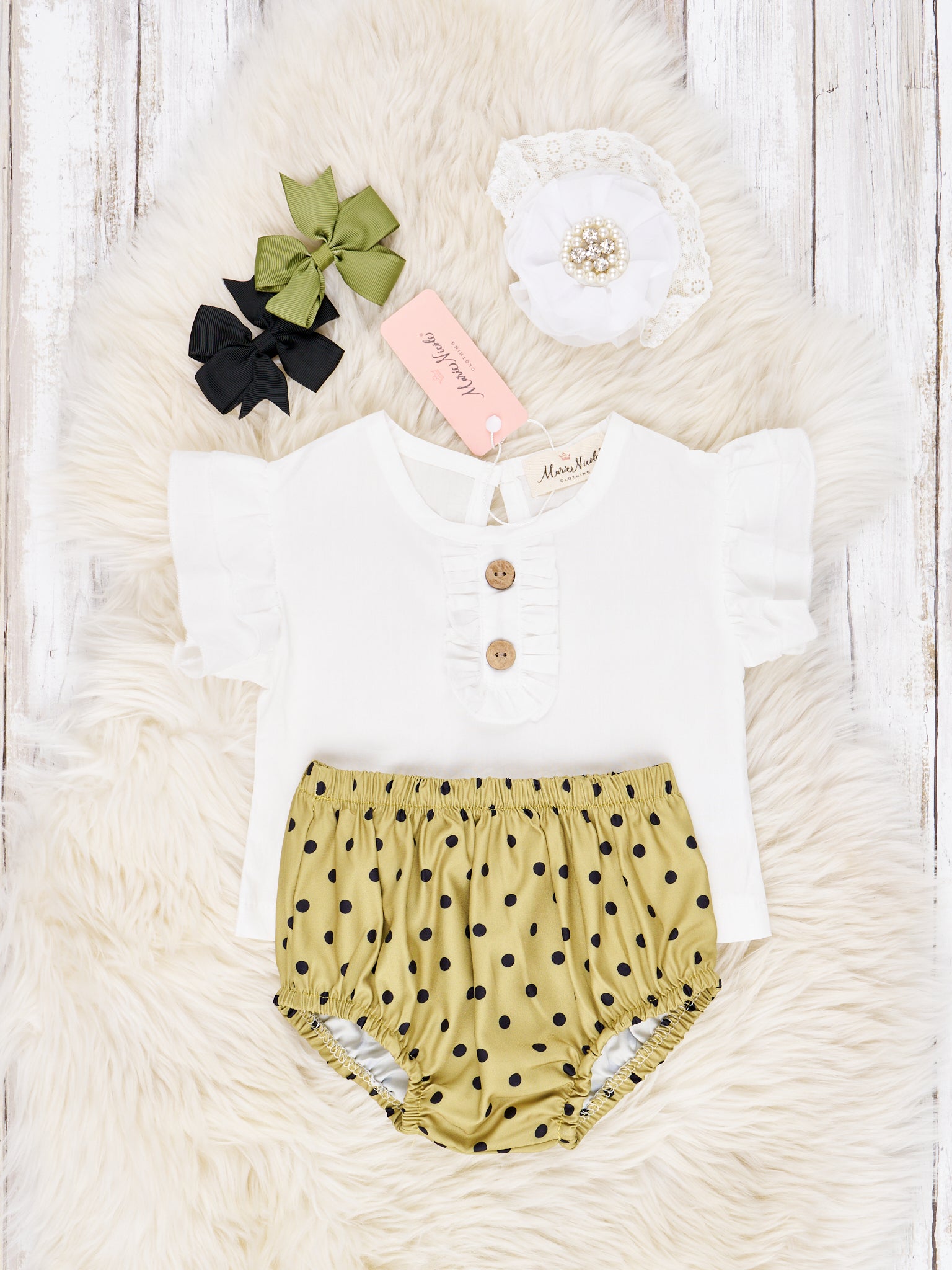 White Ruffle Top & Green Polka Dot Bloomers Outfit - Marie Nicole Clothing