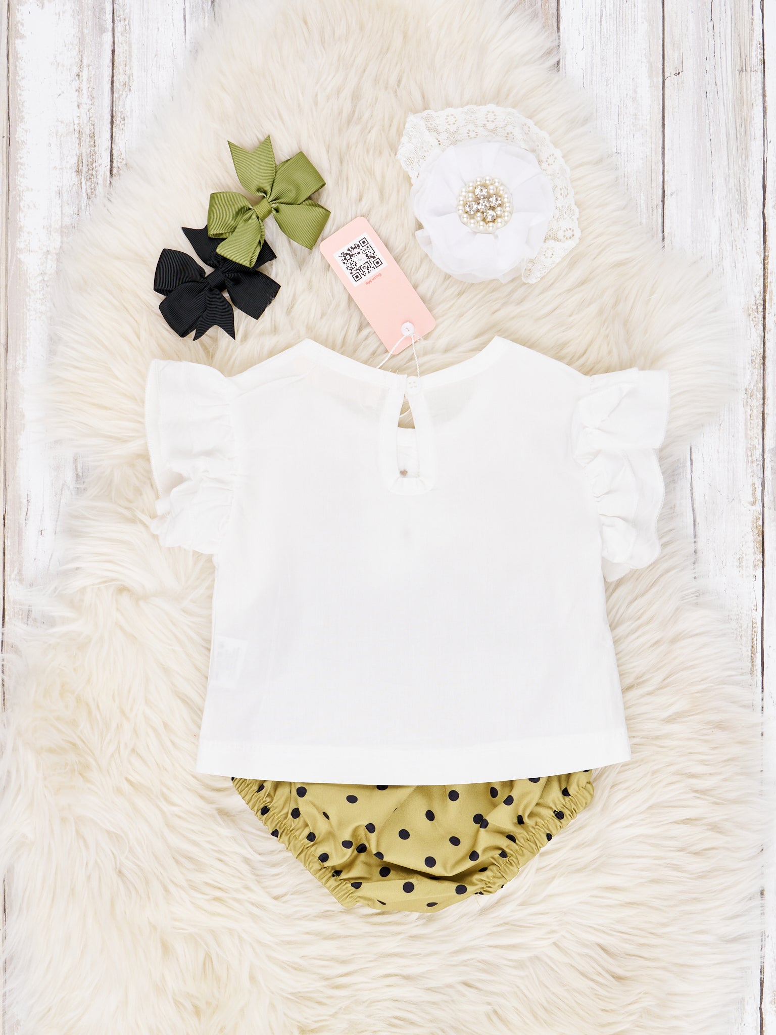 White Ruffle Top & Green Polka Dot Bloomers Outfit - Marie Nicole Clothing