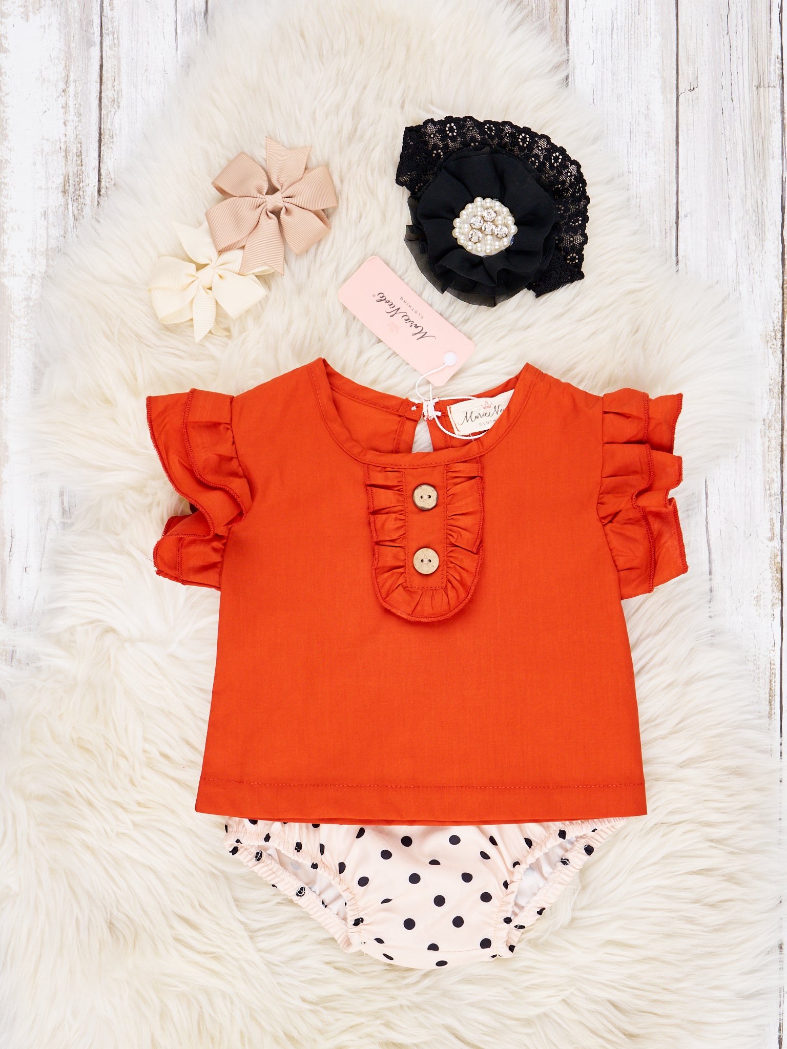 Burnt Orange Ruffle Top & Polka Dot Bloomers Outfit - Marie Nicole Clothing