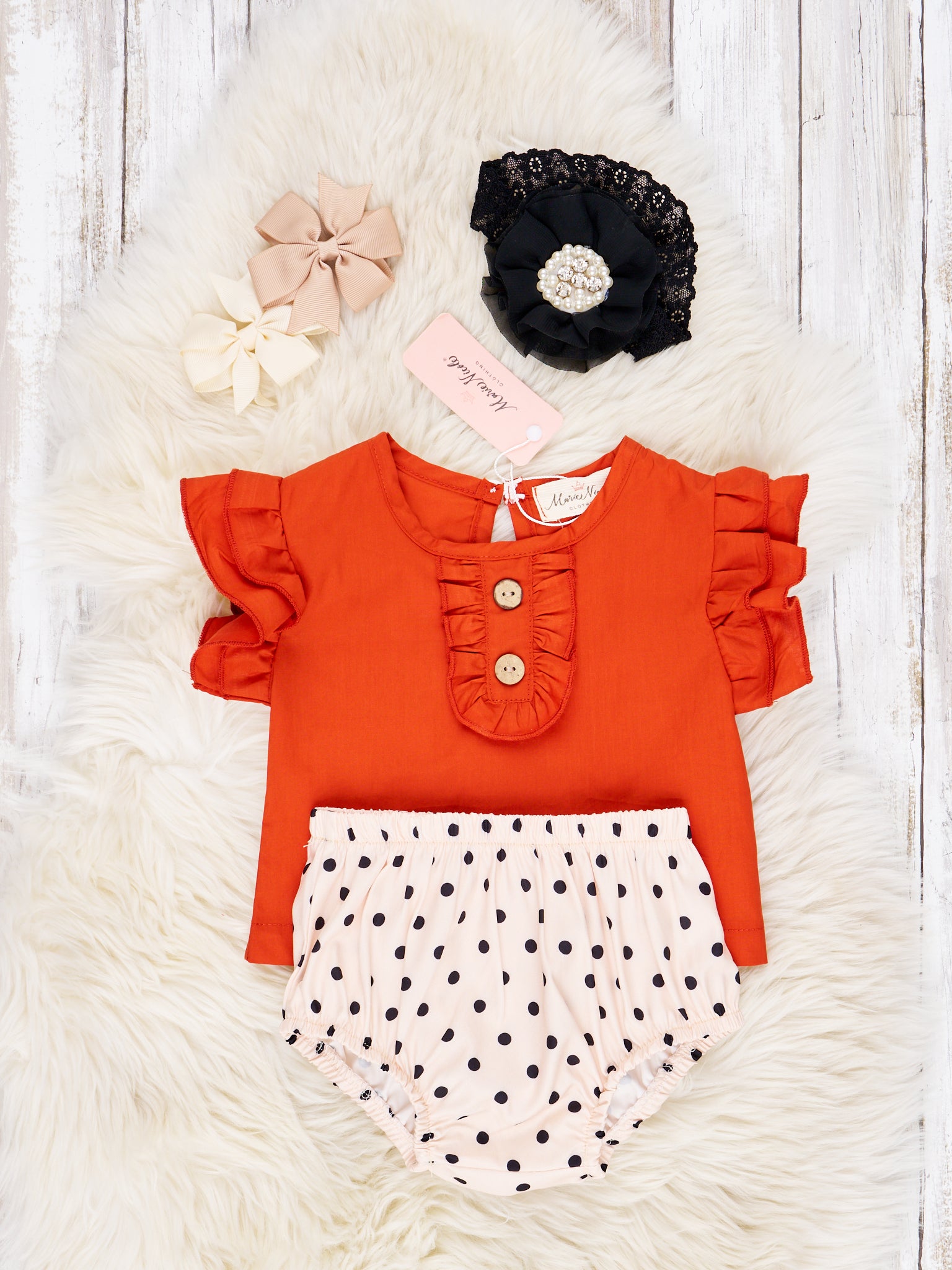 Burnt Orange Ruffle Top & Polka Dot Bloomers Outfit - Marie Nicole Clothing