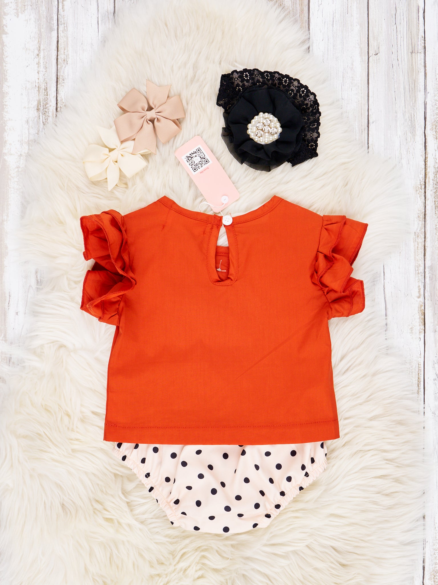 Burnt Orange Ruffle Top & Polka Dot Bloomers Outfit - Marie Nicole Clothing
