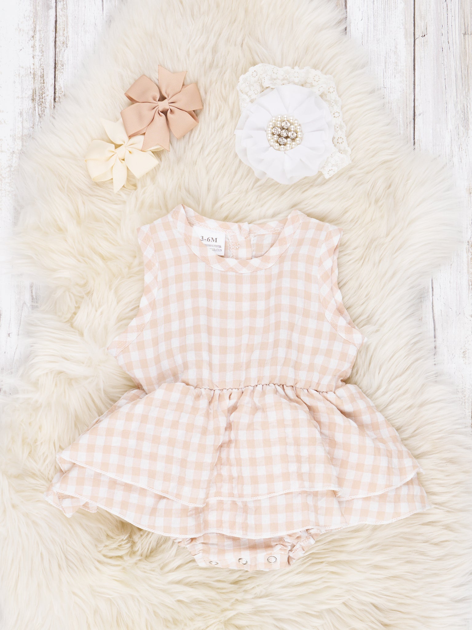 Tan Gingham Dressy Ruffle Romper - Marie Nicole Clothing