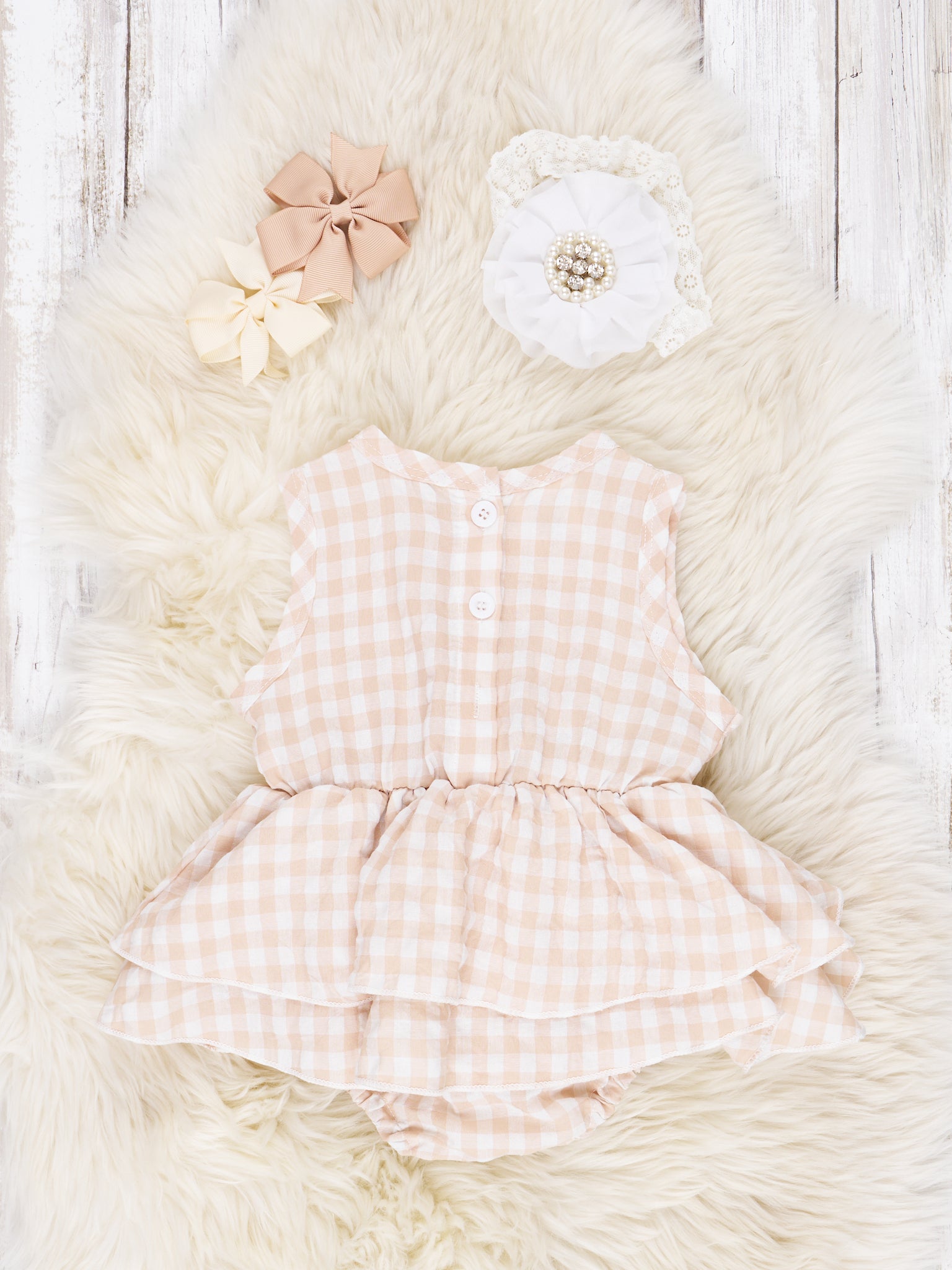 Tan Gingham Dressy Ruffle Romper - Marie Nicole Clothing