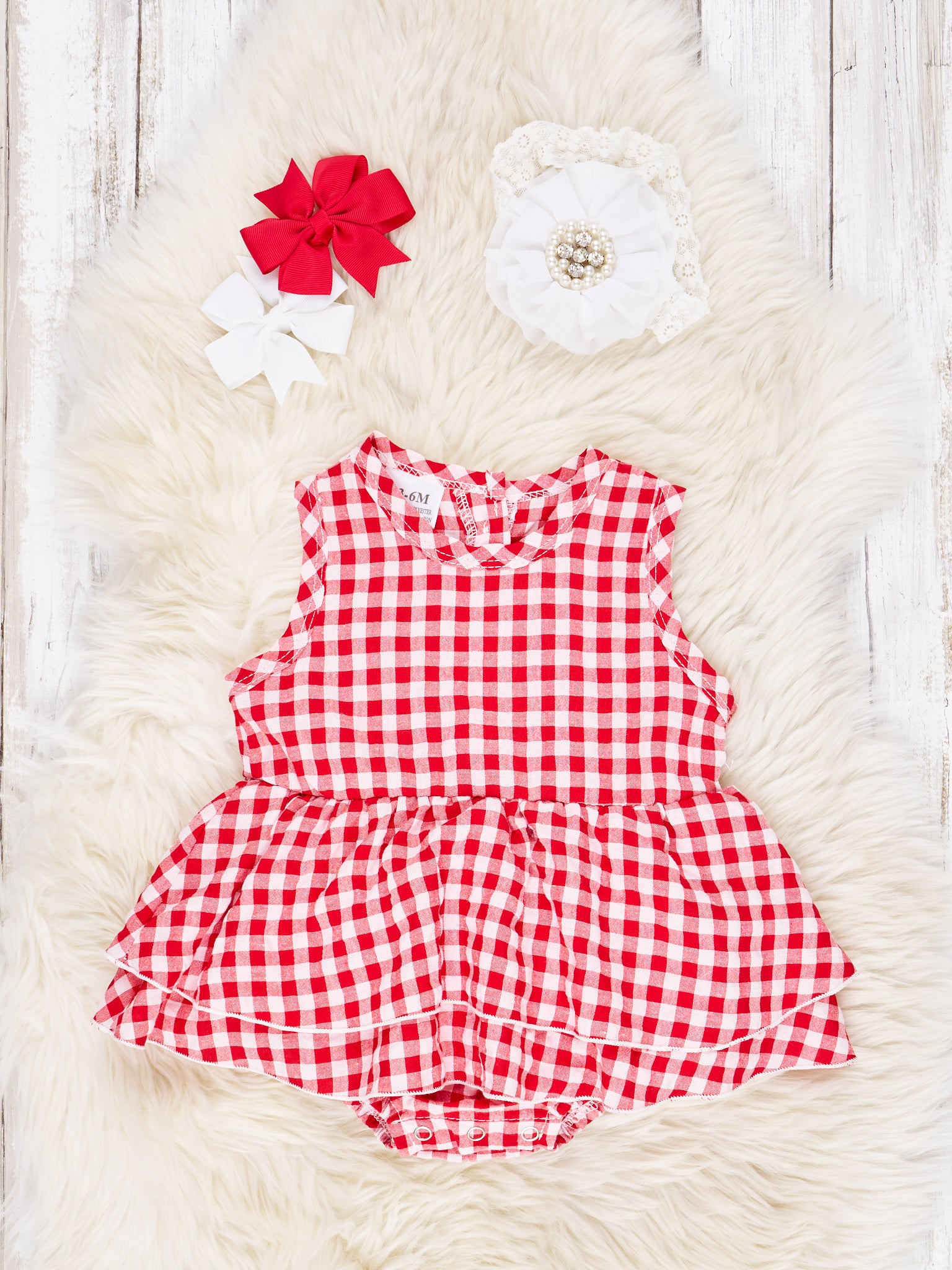 Red Gingham Dressy Ruffle Romper - Marie Nicole Clothing