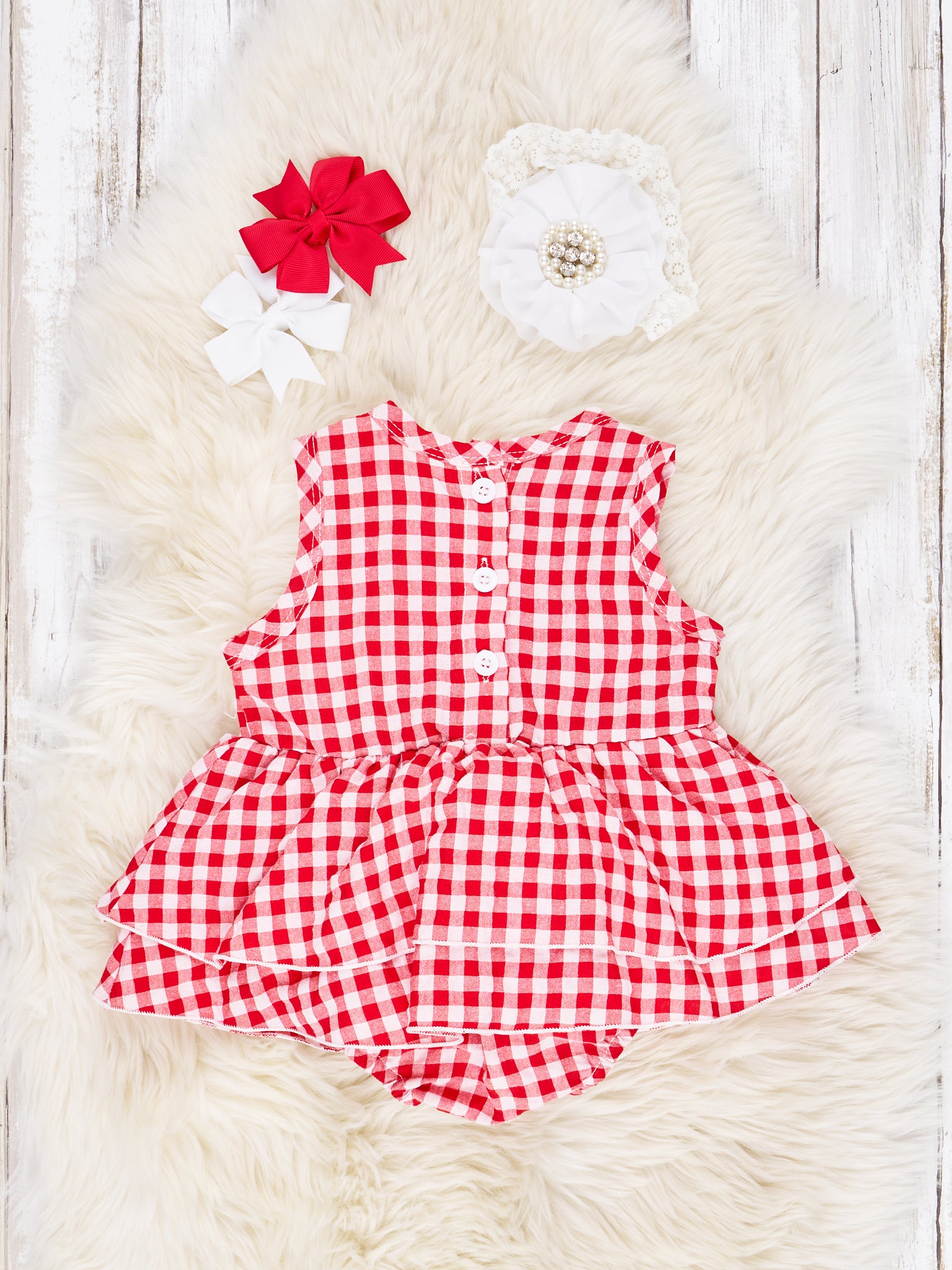 Red Gingham Dressy Ruffle Romper - Marie Nicole Clothing