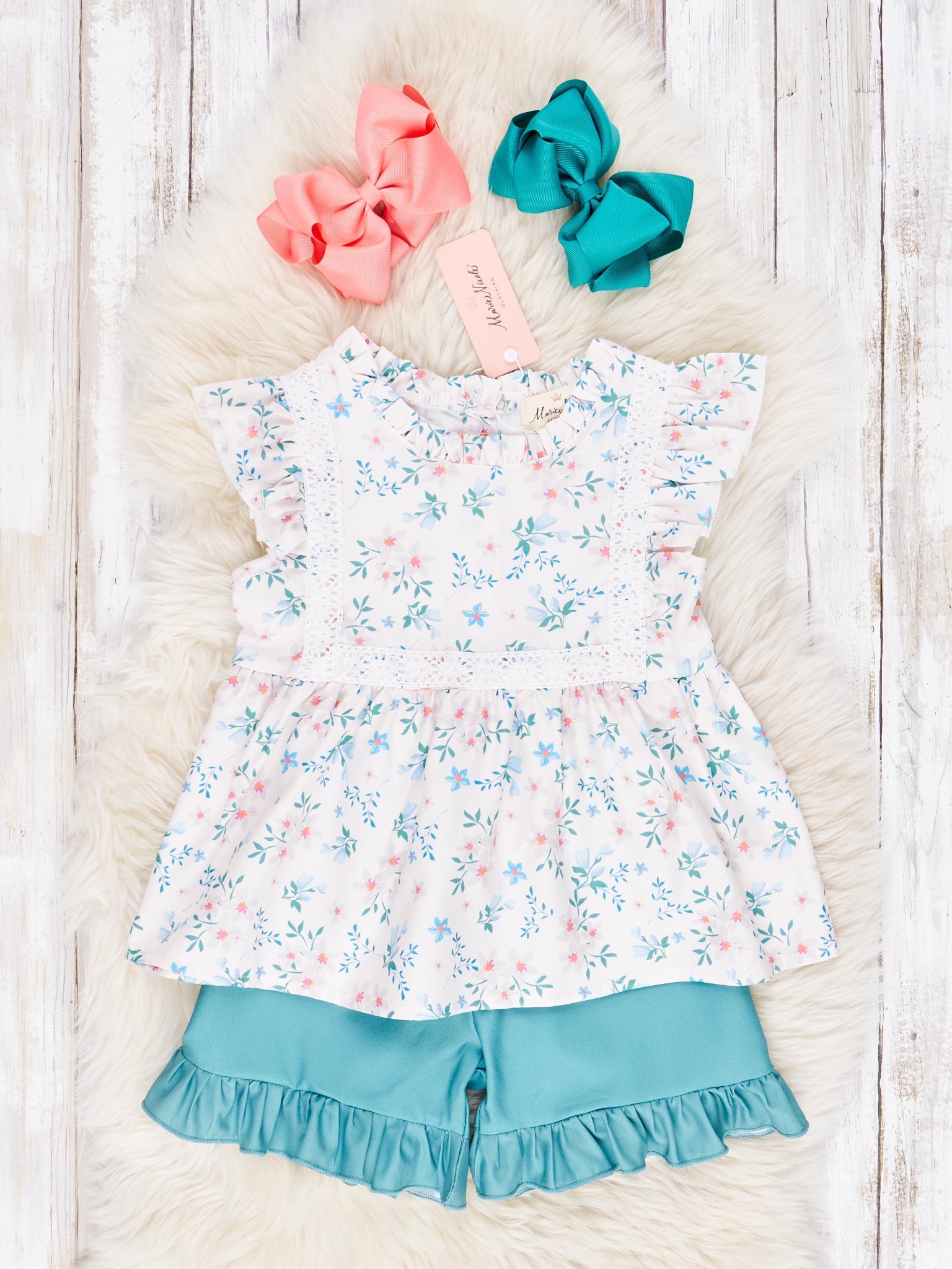 Cream Floral Ruffle Lace Outfit - Marie Nicole Clothing