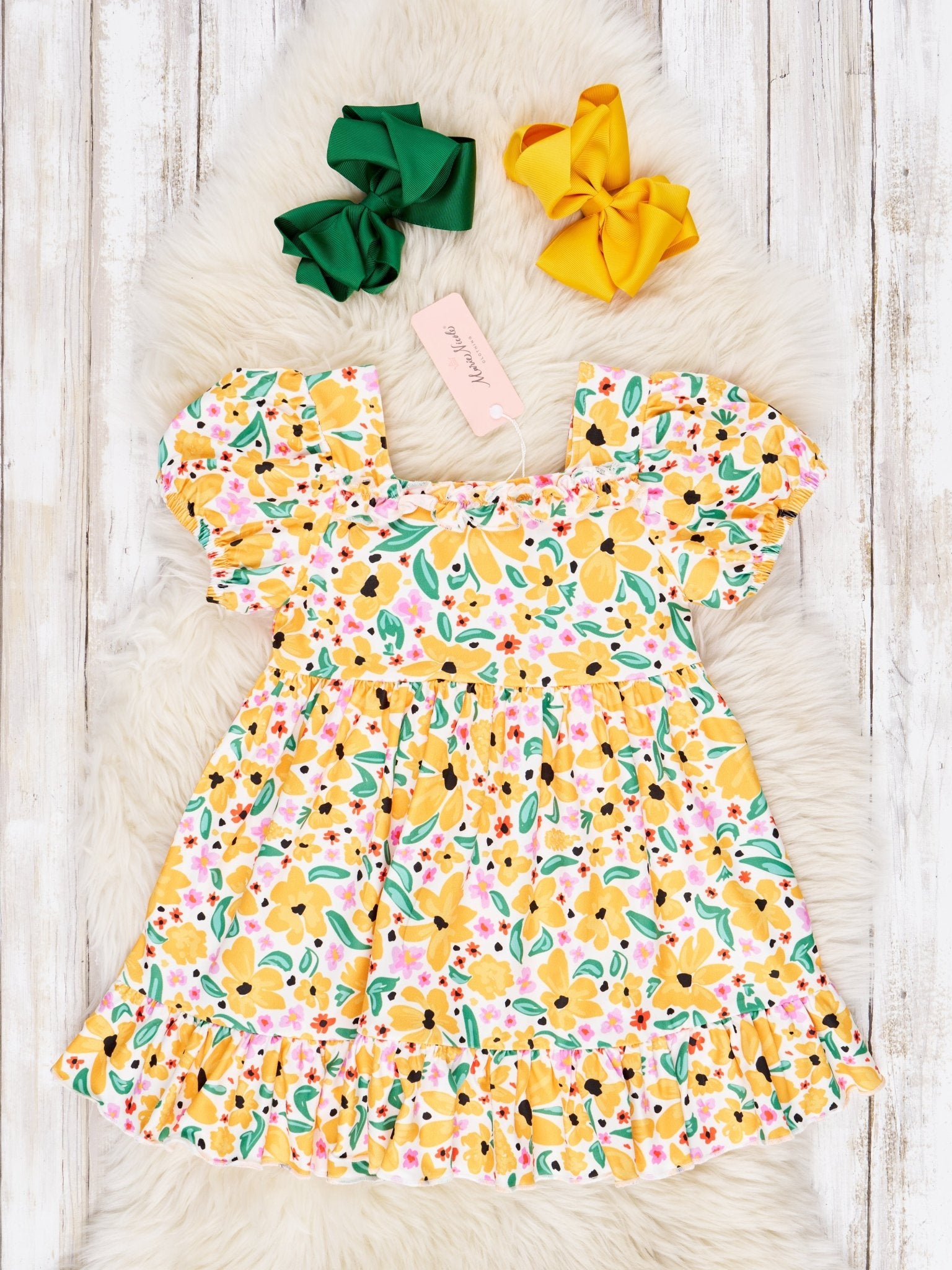 Mustard Floral Puff Sleeve Dress - Marie Nicole Clothing