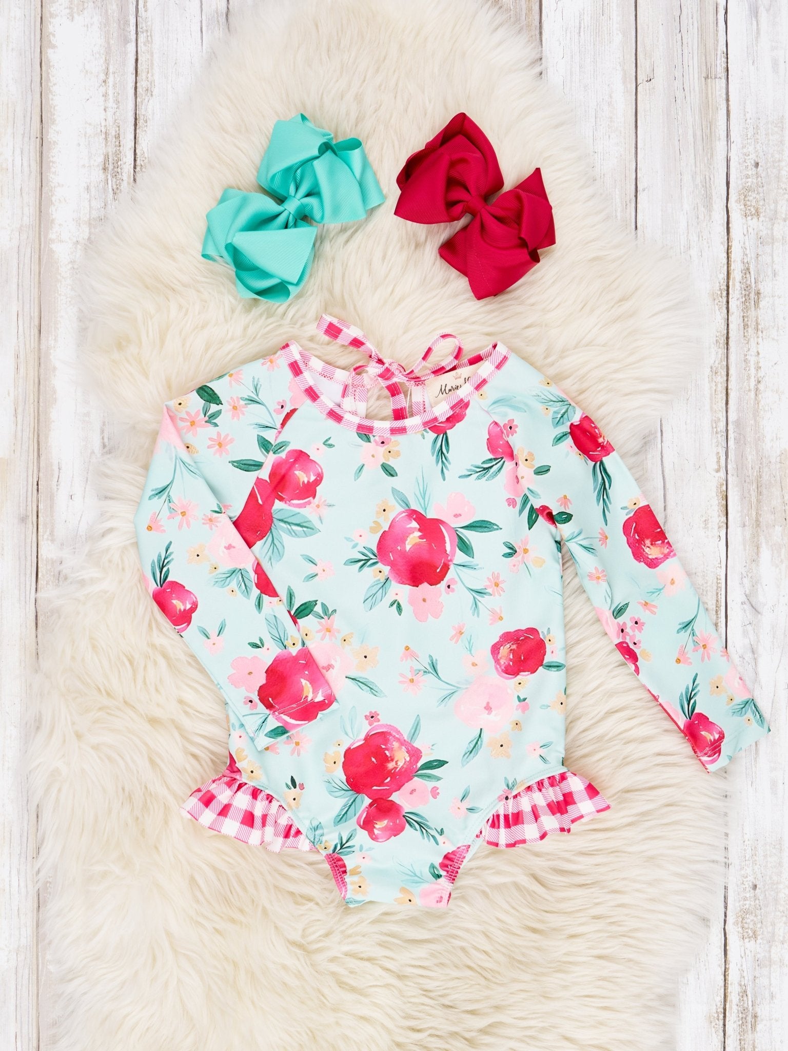 Watercolor Rose Ruffle Rash Guard Swimsuit - Marie Nicole Clothing