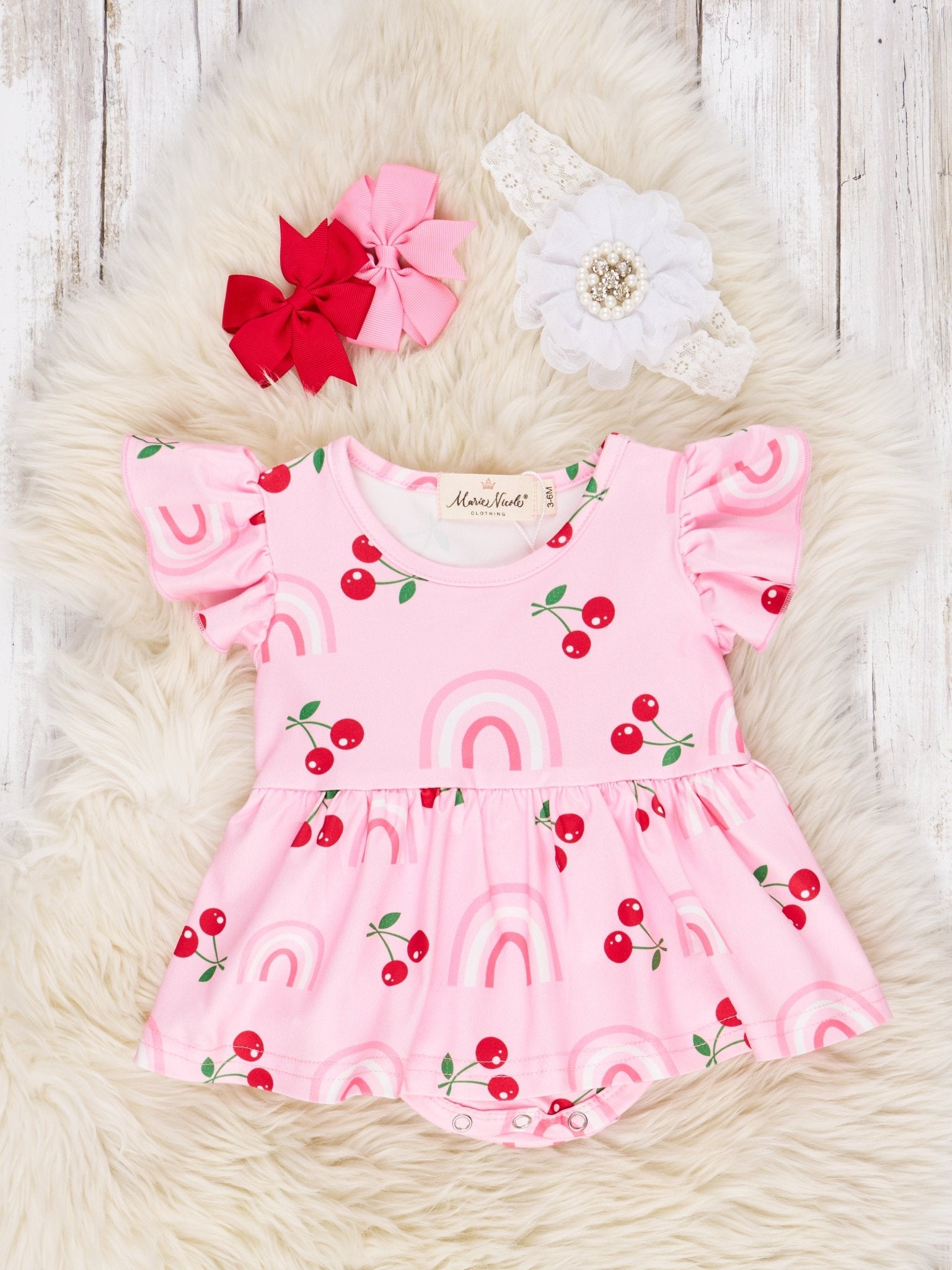 Rainbow Cherry Ruffle Dressy Romper - Marie Nicole Clothing